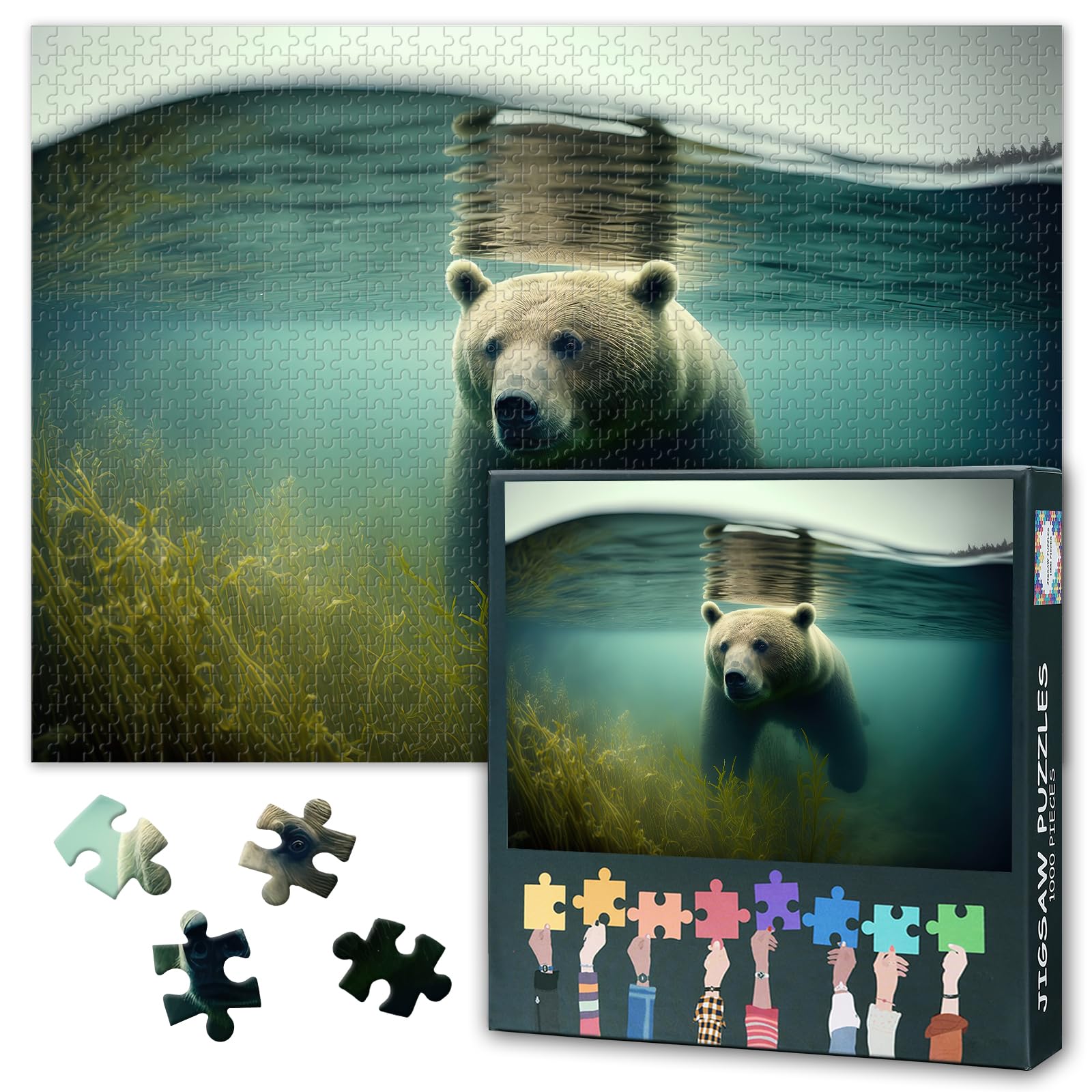 Jigsaw Puzzle 1000 Pieces for Adults Arctic Underwater Wildlife Scene Polar Bear Swimming in Lake with Icebergs Nature Themed Challenging Puzzle 27.5x19.7 Inch