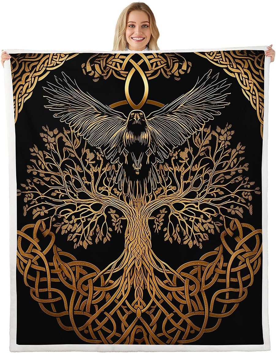 Erosebridal Viking Fleece Blanket Twin 60"X80" Viking Raven Sherpa Blankets Golden Tree of Life Throw Bed Blankets for Kids Boys Teen,Vintage Exotic Tribe Fuzzy Blanket