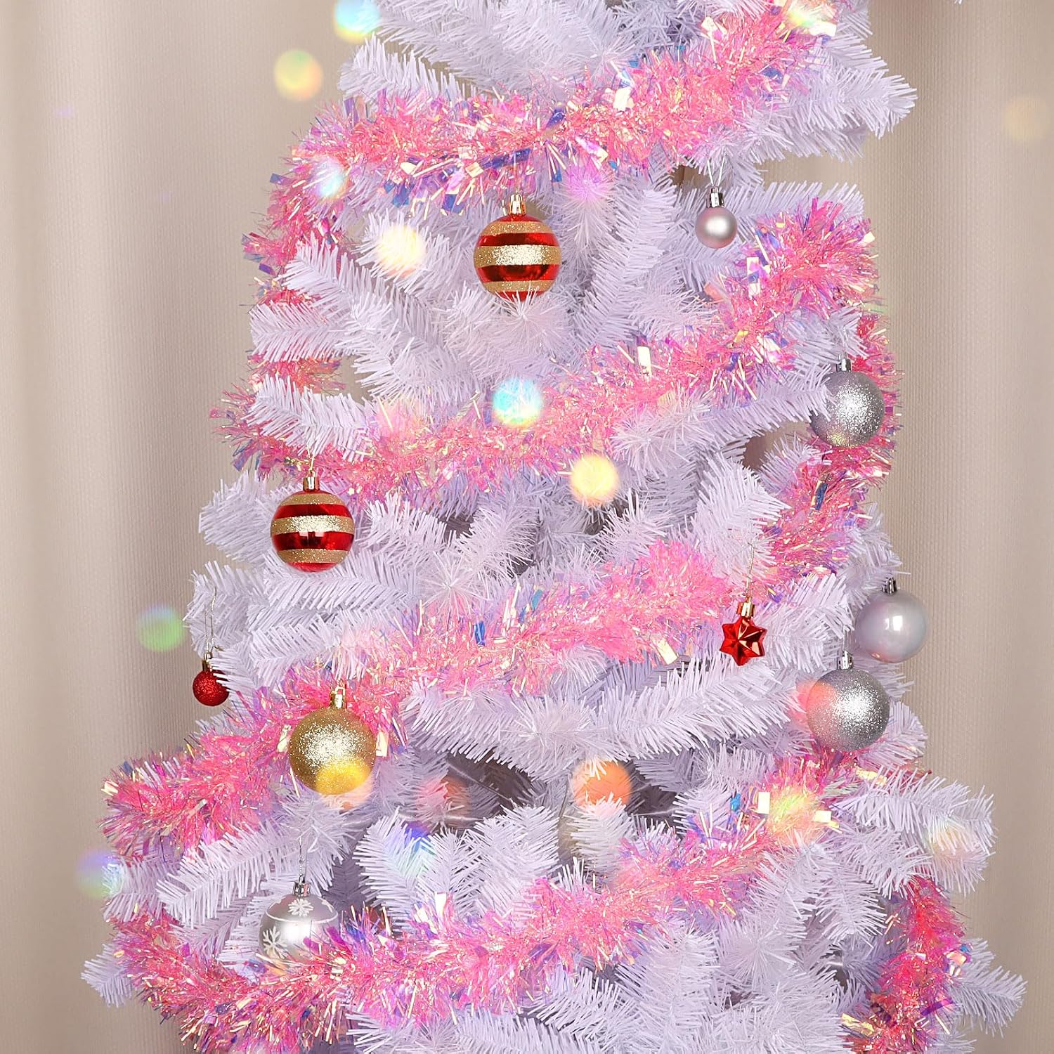 CCINEE 32.8 Feet Pink Tinsel Garland, Christmas Glitter Metallic Tinsel Twist Garland for Xmas Easter Valentines Day Wicked Party Fireplace Hanging Decorations