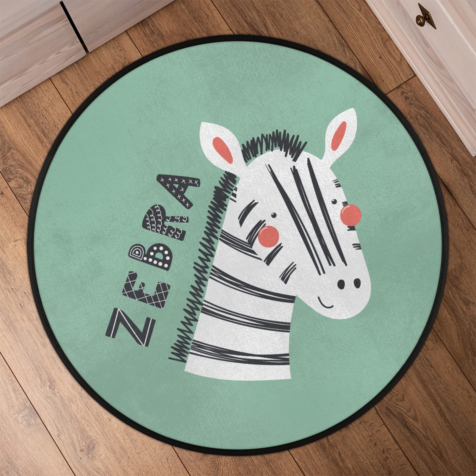 Tapis rond amusant de 91,4 cm, lavable en machine, motif zèbre de dessin animé antidérapant, doux, pour salon, sofa, chambre d'enfant, décoration de chambre d'enfant