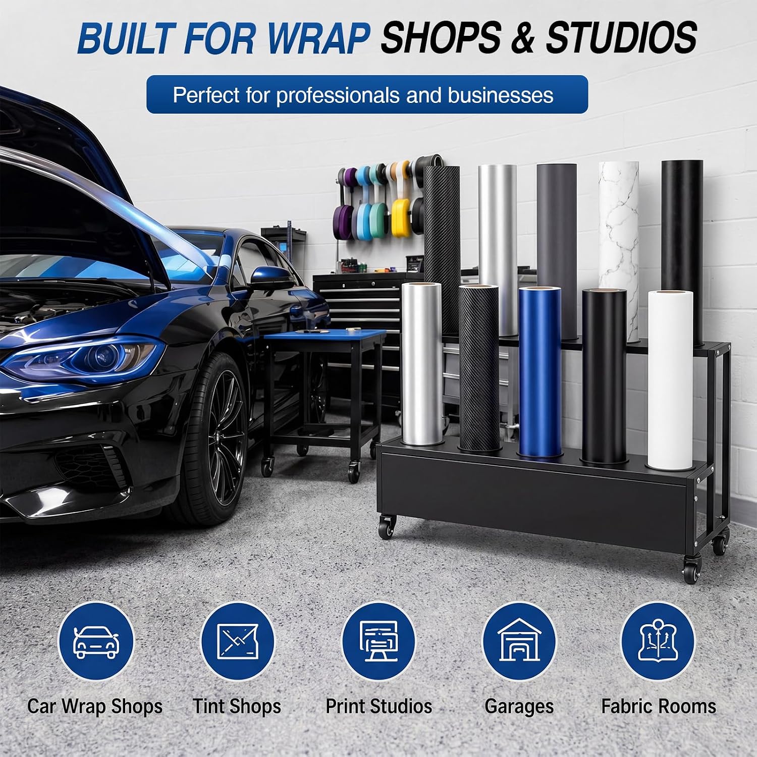 10 Rolls Large Vinyl Roll Holder Cart Heavy Duty Car Wrap Film Display Rack with Lockable Wheels Vinyl Roll Storage Organizer for Window Tint Wallpaper Textile Fabric Leather PVC Film