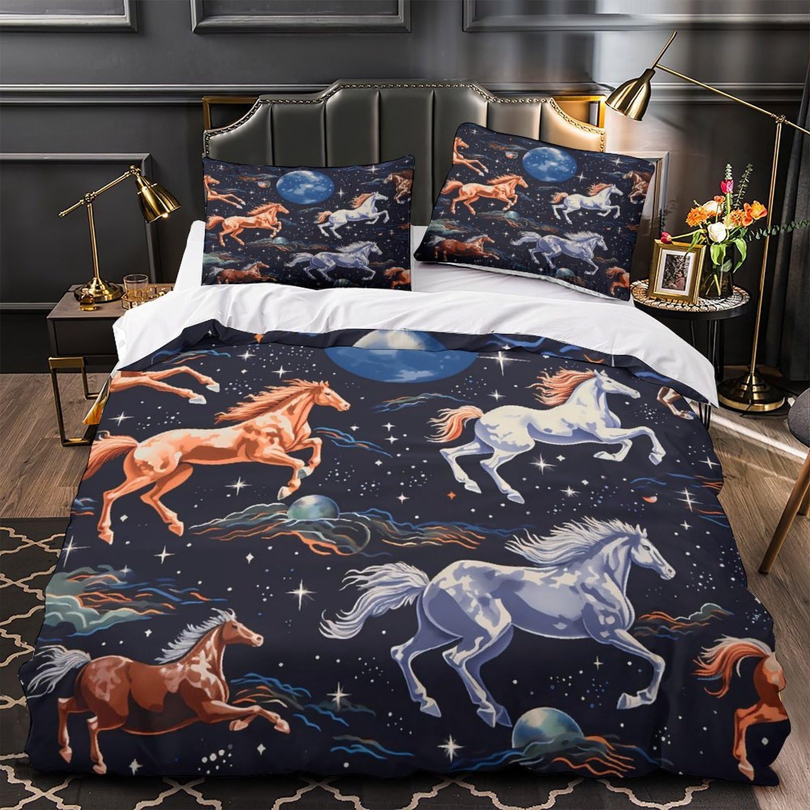 Housse de couette cheval anti-plis et hypoallergénique lit simple 1 place