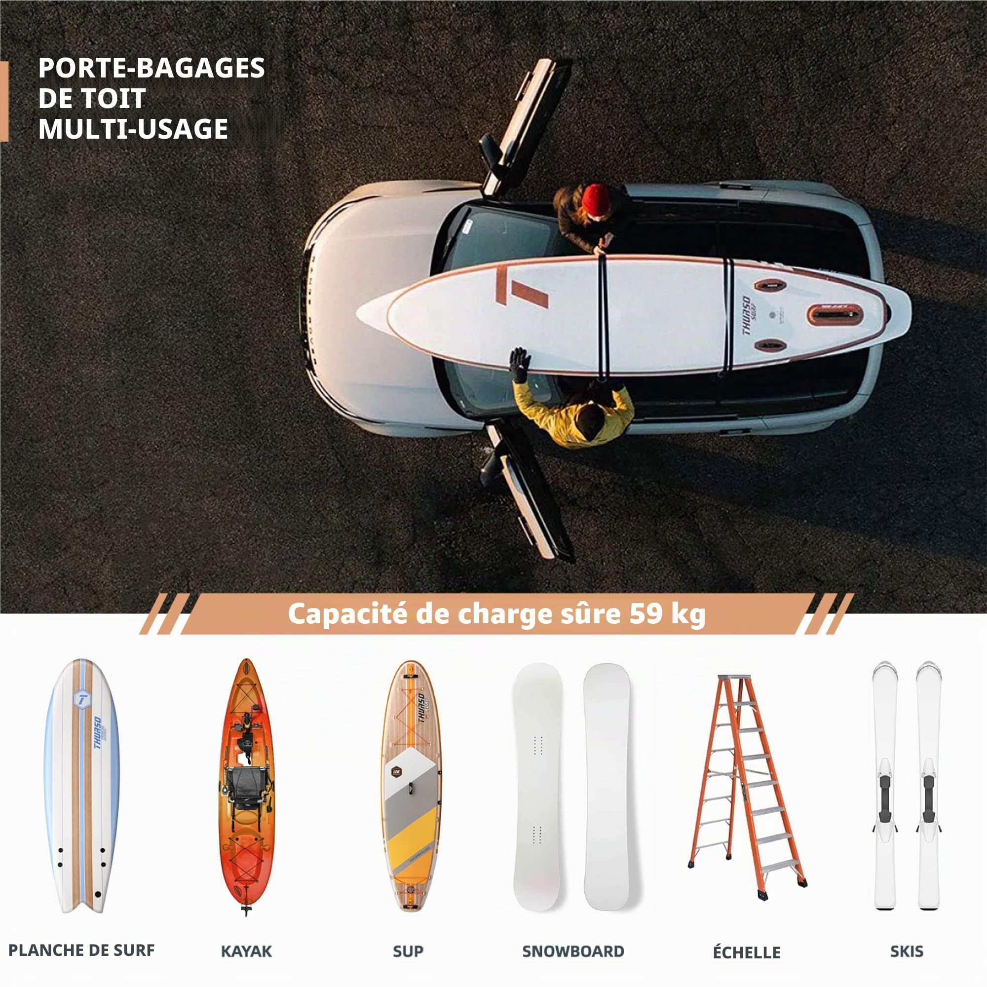 Thurso Surf Porte-Bagages de Toit Souple Universel pour Kayak, Ski, Snowboard, Sup Paddle Board - Solution de Transport Polyvalente et sécurisée avec Sac de Rangement Portable