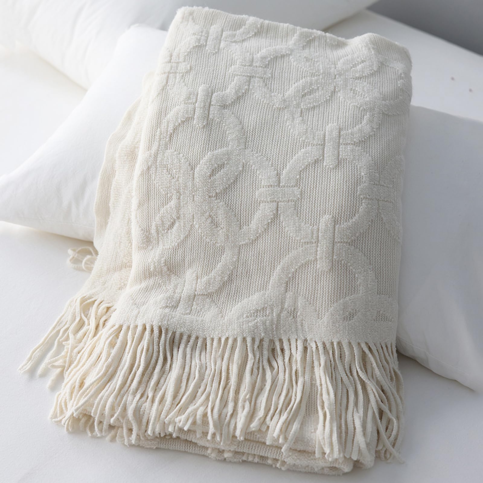 Couverture tricotée pour canapé-lit blanc 130x240 jeté de canapé doux motif géométrique