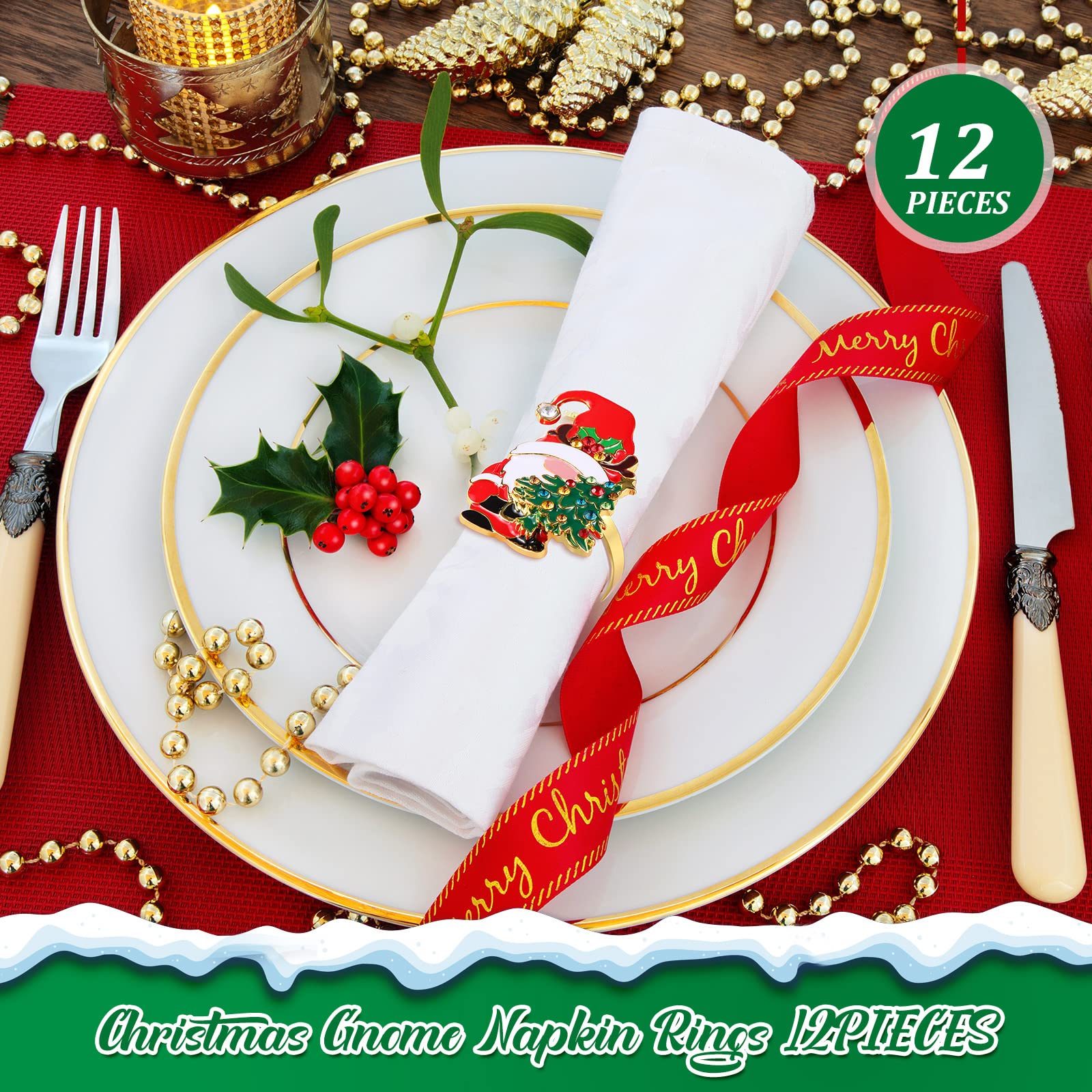 Lot de 12 ronds de serviette « Merry Christmas » en alliage de métal doré et rouge avec strass pour table de Noël, dîner de maison, cuisine, décoration de table de mariage, banquet (nain de mariage)