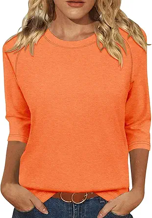 KISSMODA Tunic Tops for Women Loose Fit Dressy Round Neck Pleated 3/4 Length Sleeve Spring Tops