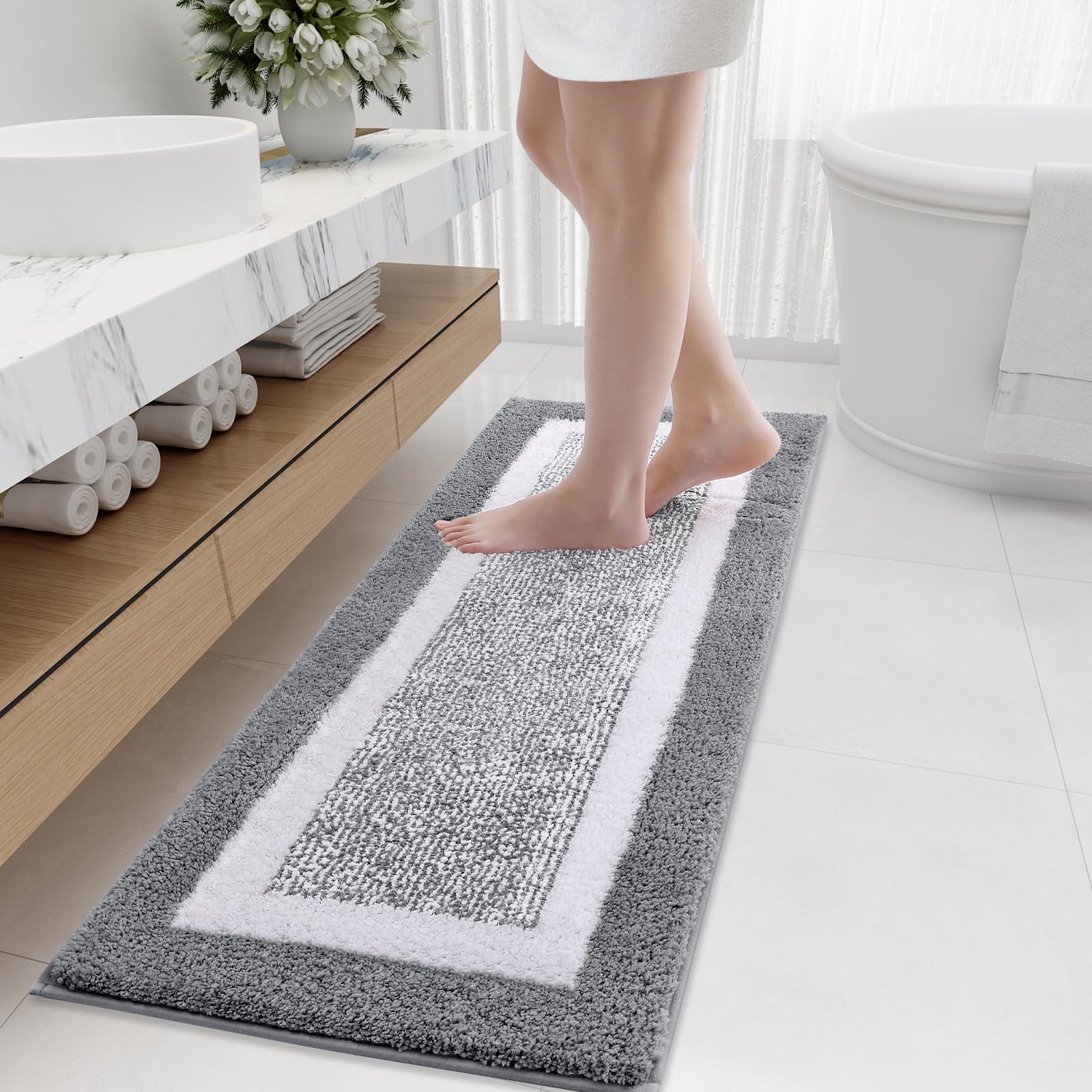 OLANLY Bathroom Rugs 47x20, Extra Soft and Absorbent Microfiber Bath Mat, Non-Slip, Machine Washable, Quick Dry Shaggy Bath Carpet, Suitable for Bathroom Floor, Tub, Shower (Grey and White)