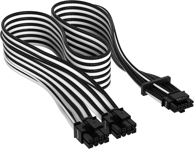 Corsair Premium 600W PCIe 5.0 / Gen 5 12VHPWR PSU Cable - Fits Type-4 PSUs via Dual 8-pin PCIe - 12+4pin Connector - Mesh Paracord Sleeving - Black/White