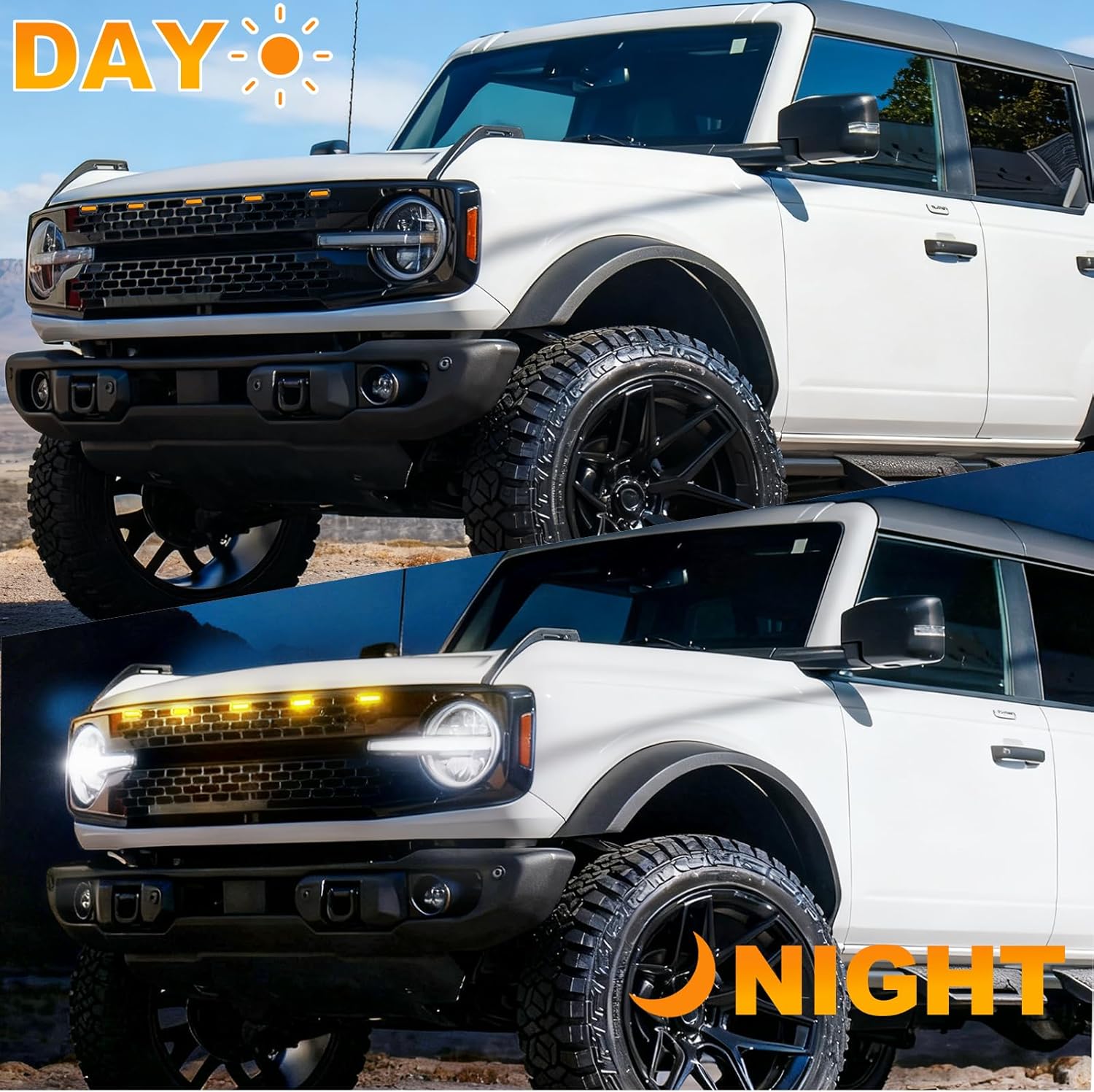 5PCS LED Grille Lights Set Compatible with Ford Bronco Badlands Wildtrak Everglades Accessories 2021-2026 2/4-Door Amber Black Grille Lamps Door with Plug-and-Play Wiring Harness