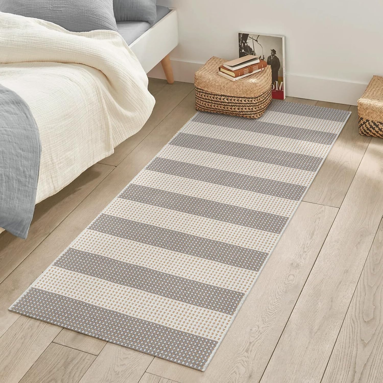 OJIA Front Door Rug 24"x51" Washable Checkered Rug Cotton Woven Small Outdoor Rug Kitchen Entryway Rugs Indoor Doormat Outdoor Entrance Porch Carpet for Bathroom Bedroom (Gray/White/Tan)