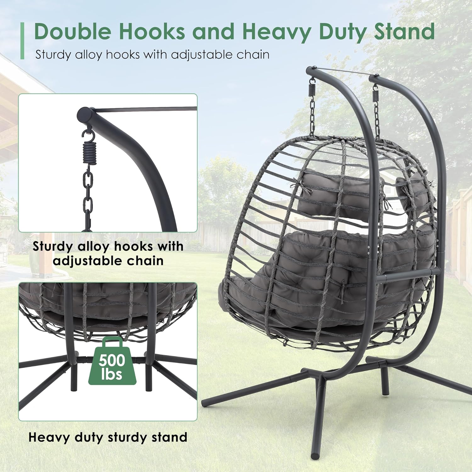 Double Egg Swing Chair with Stand for Outdoor, Patio Hand Made Rattan Wicker 2 Double Hanging Egg Chairs Hammock Chair with UV Resistant Cushion and Metal Frame, Porch Swing Loveseat for Backyard