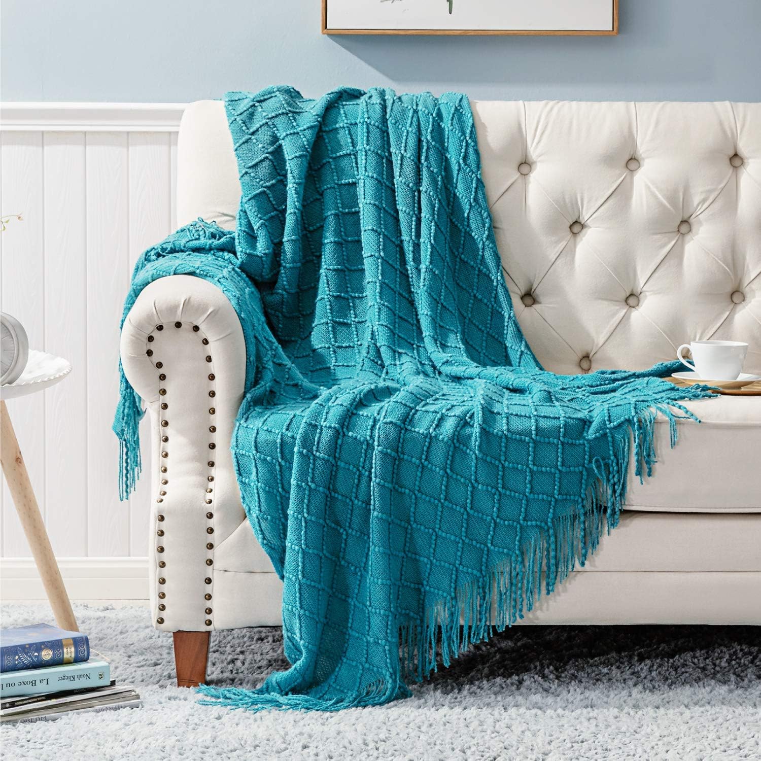 Bedsure Throw Blanket for Couch 50 x 60 inches - Knit Woven Summer Blankets, Cozy Lightweight Decorative Throw for Sofa, Bed and Living Room - All Seasons Suitable for Women, Men and Kids (Teal)