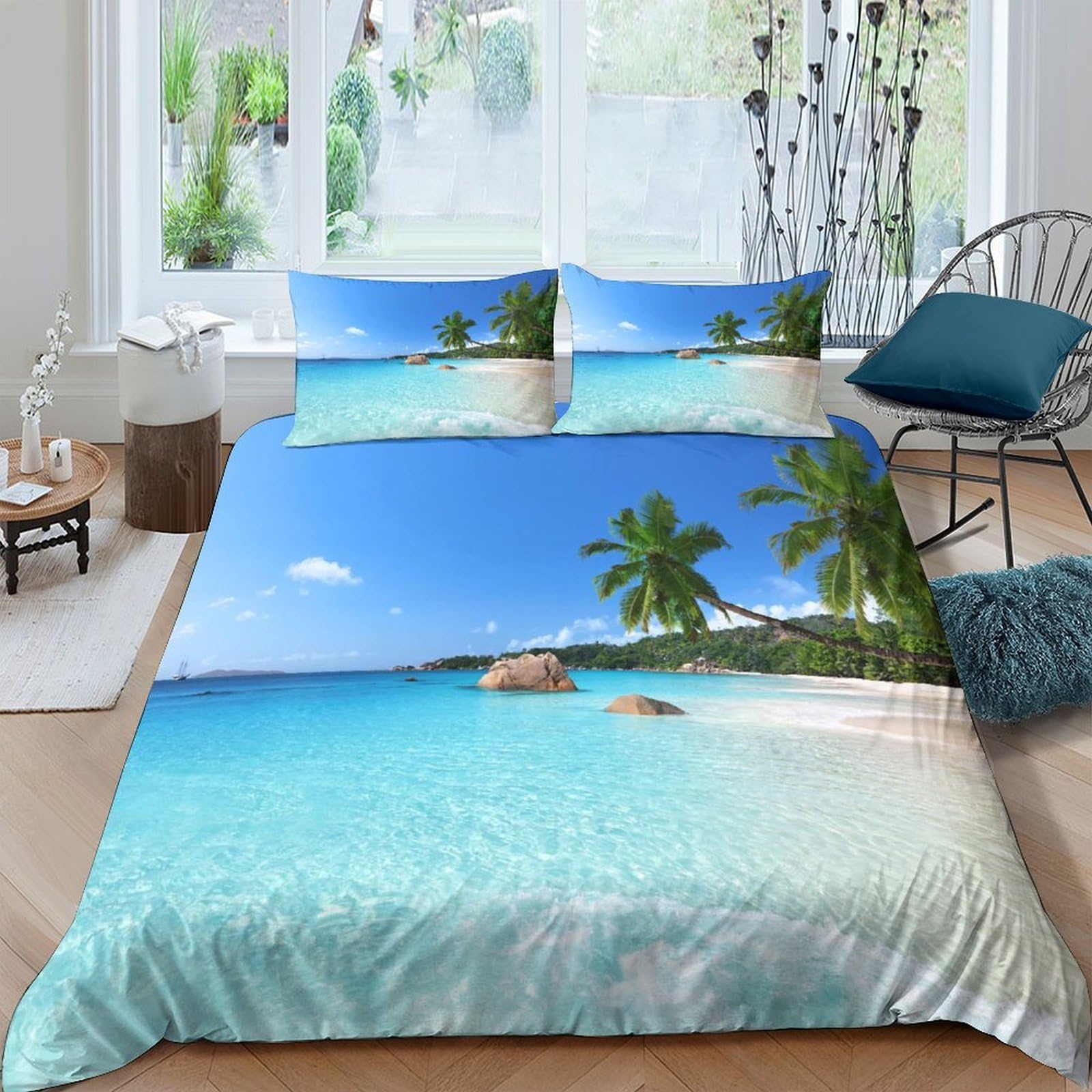 Ctjqhvkz Style-4 3D Printed Tropical Beach Fitted Sheet Microfiber Soft Blue Ocean Palm Bed Cover For Bedroom Guest Room Decor Single（135X200cm）