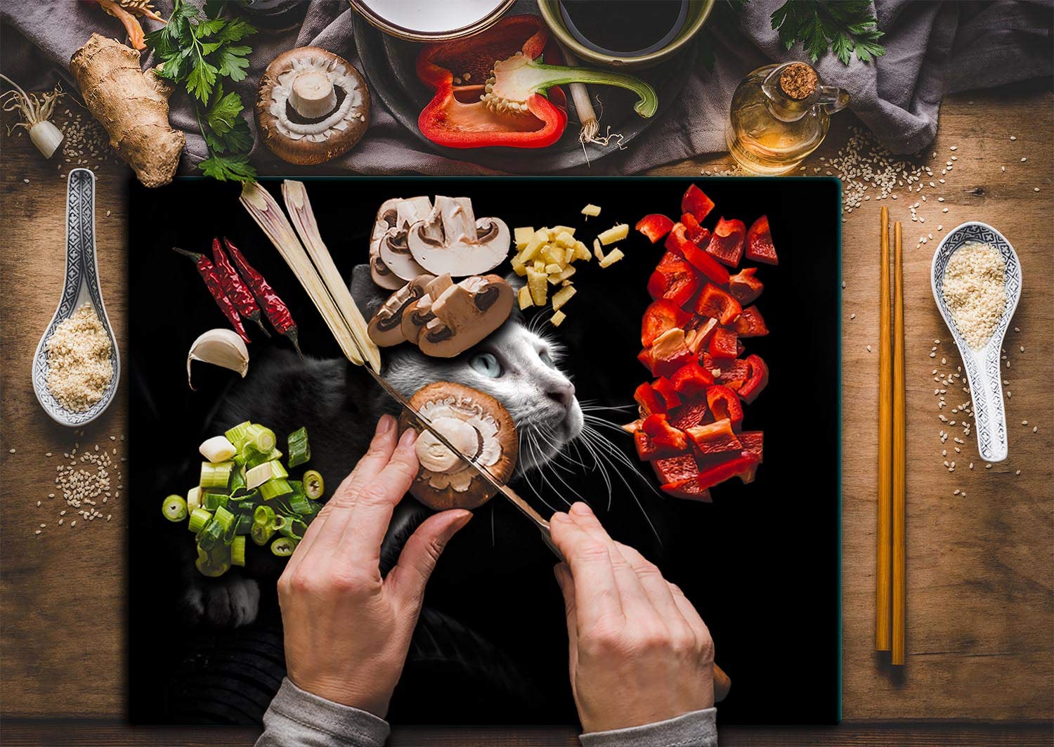TMK | Tabla de cortar de cristal, cubierta de vitrocerámica de 1 pieza 52 x 40, placa de corte de cristal, protección contra salpicaduras, placa de vidrio universal, cocina, gato negro