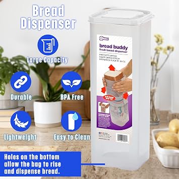 صندوق خبز Buddeez Bread Buddy - حافظ على رغيفك طازجًا - حاوية تخزين تتسع لـ 1.5 رطل. رغيف بحجم ساندويتش - غطاء أبيض، عبوة من 1
