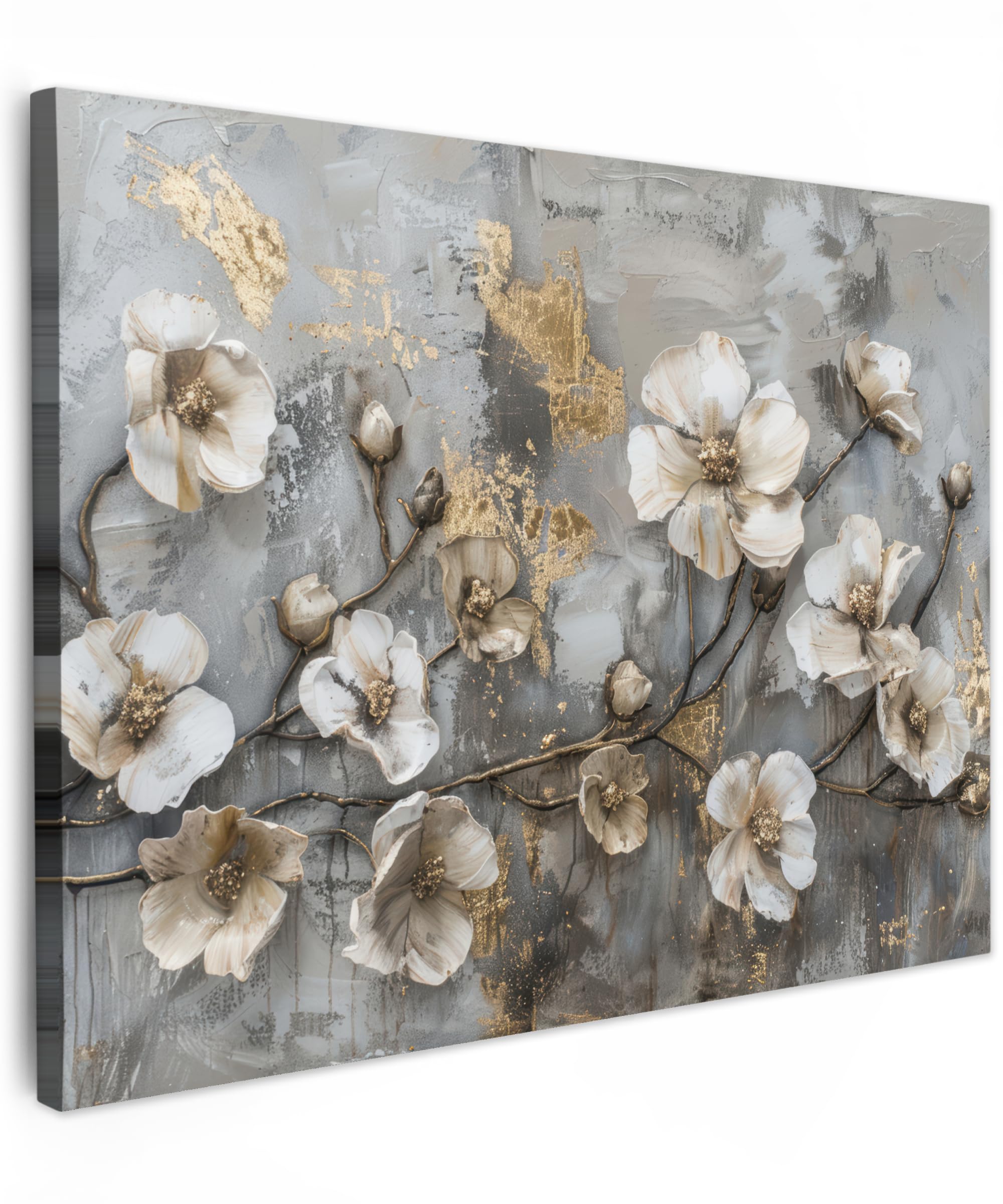 MuchoWow© Canvas Wall Art 31"x24" / 80x60 cm Home Decor Paintings for Living Room Decorations Gifts Hallway Flowers - White - Grey - Gold - Luxury — image 1
