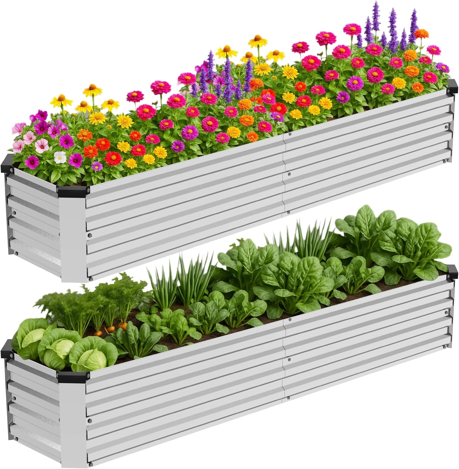 2 Pack 8x2x1FT Galvanized Metal Raised Garden Bed Kit for Vegetables, Herbs, Open-Bottom Large Capacity Outdoor Planter Box Gardening Stakes, Silver