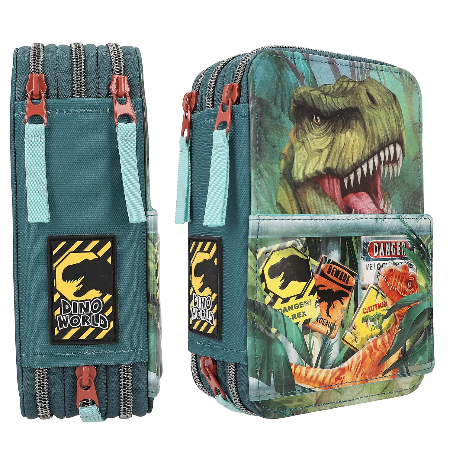 Depesche 11757 Dino World Danger Trousse à 3 Compartiments avec Motif Trex, Vert foncé, Crayons de Couleur, règle, Ciseaux, etc., Bleu [Toy]