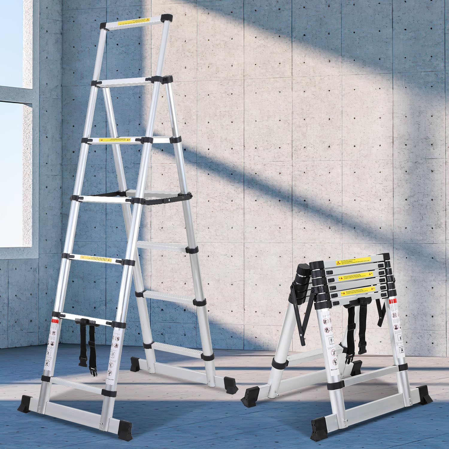 Ikodm Aluminiowa drabina teleskopowa, rama A, 5 + 6 stopni, drabina wysuwana do naprawy dachu, rozmiar po złożeniu 65 cm, nośność 150 kg