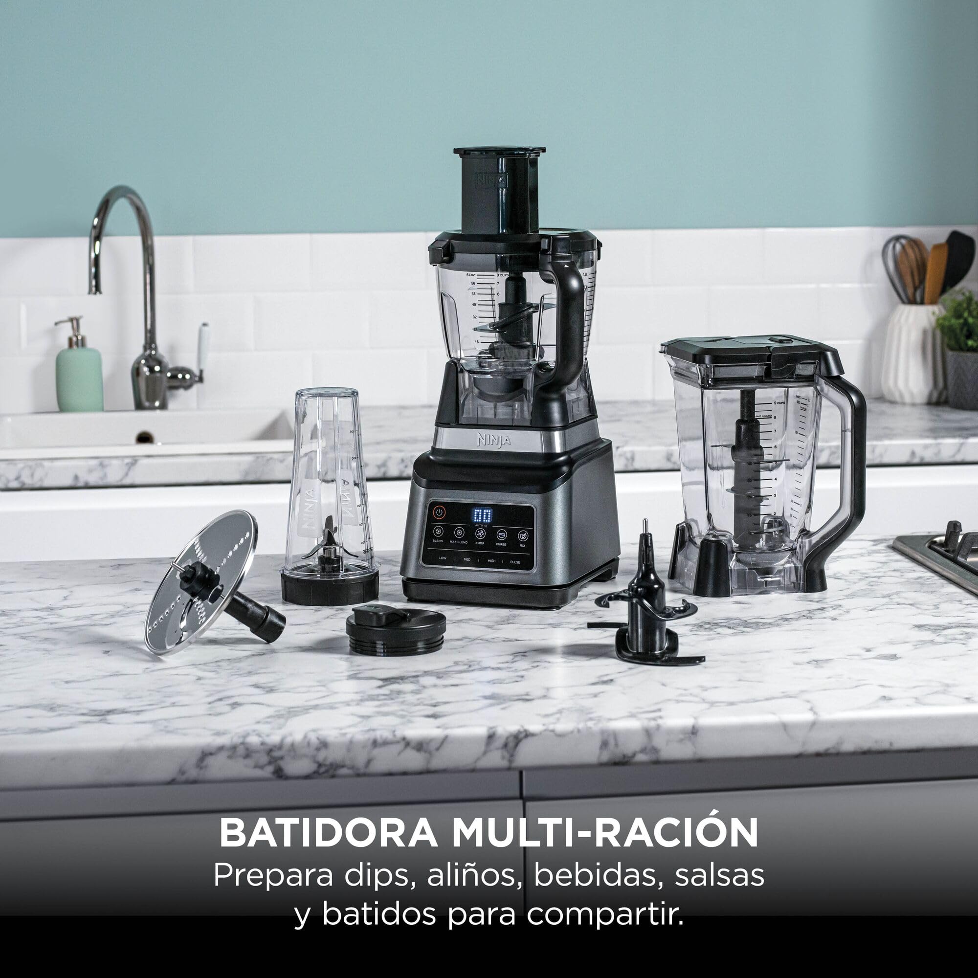 Ninja Procesador de alimentos 3 en 1, 1200 W, batidora multifunción, 5 programas automáticos, bol 1,8 l, jarra 2,1 l, vaso 700 ml, tecnología Auto-iQ, piezas aptas para lavavajillas, Negro, BN800EU