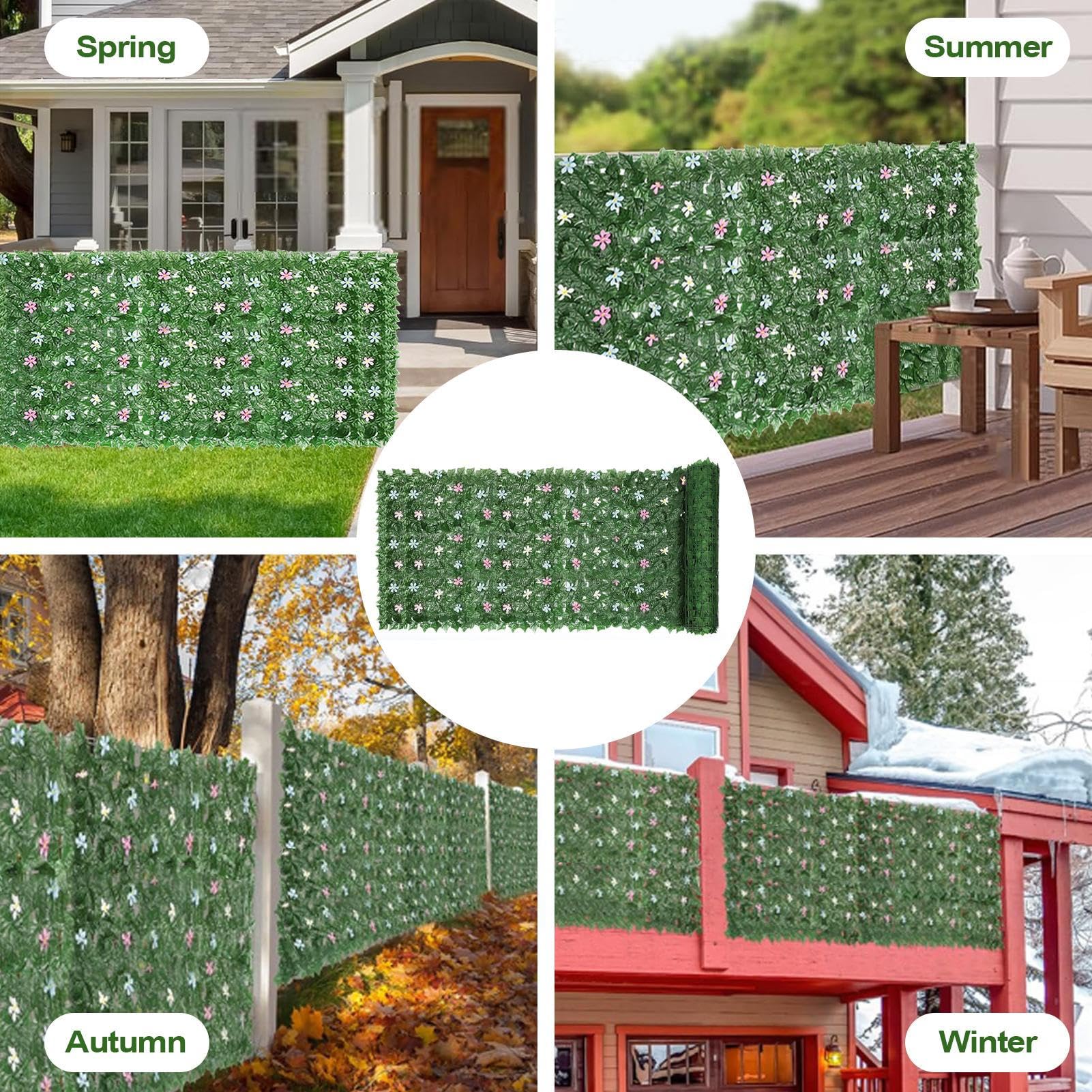 Rollo de seto decorativo de hojas de hiedra artificial verde con flores artificiales, 3 m x 1 m, valla de privacidad de hiedra artificial para pared, balcón, jardín, decoración de interior y exterior