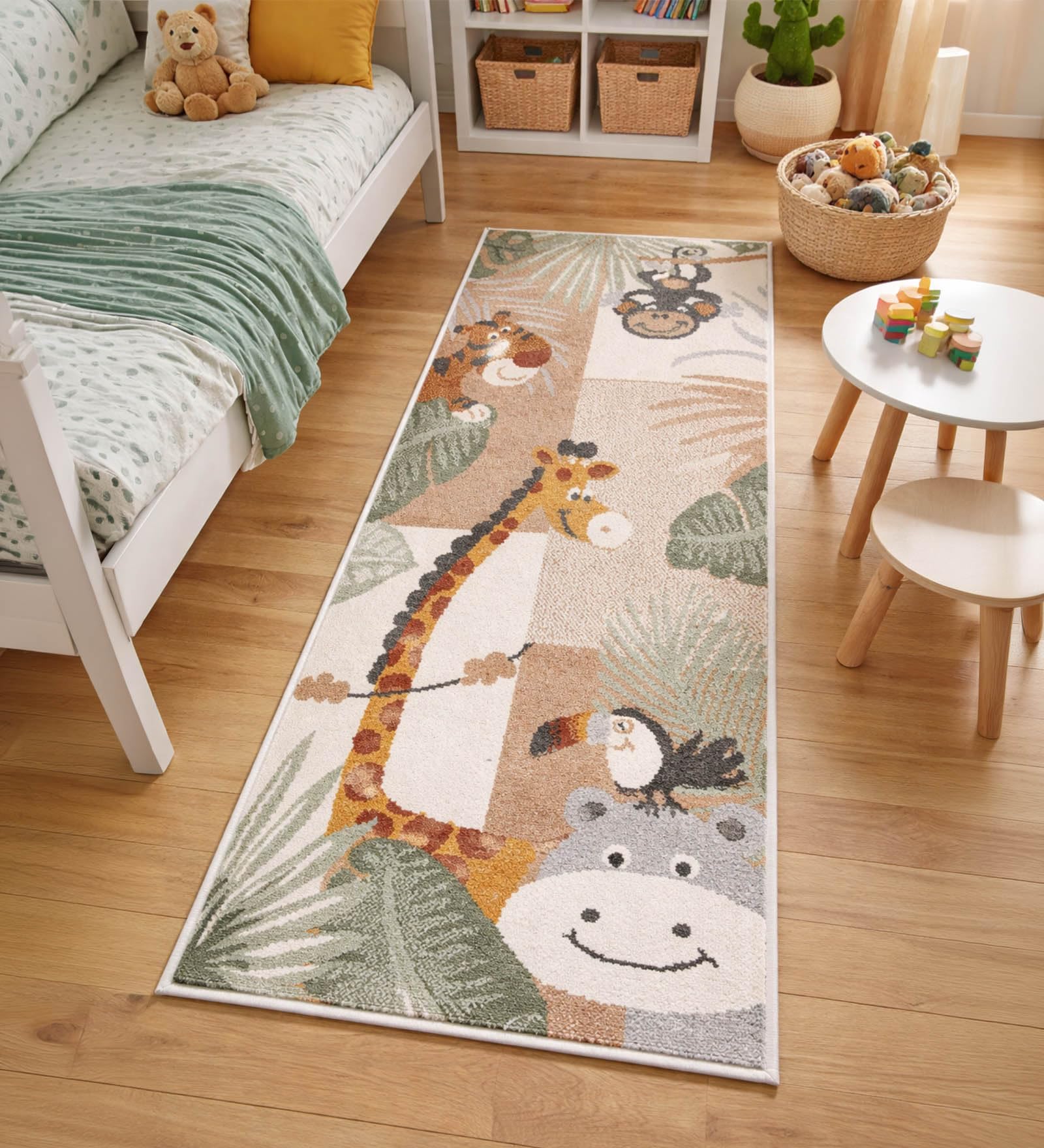 Obsessions Cute Animal Jungle Theme Runner for Kidsroom | Soft Colourful Animal Printed Floor Rug for Bedroom, Play Room 60x150cm, Brown & Green-picture-15