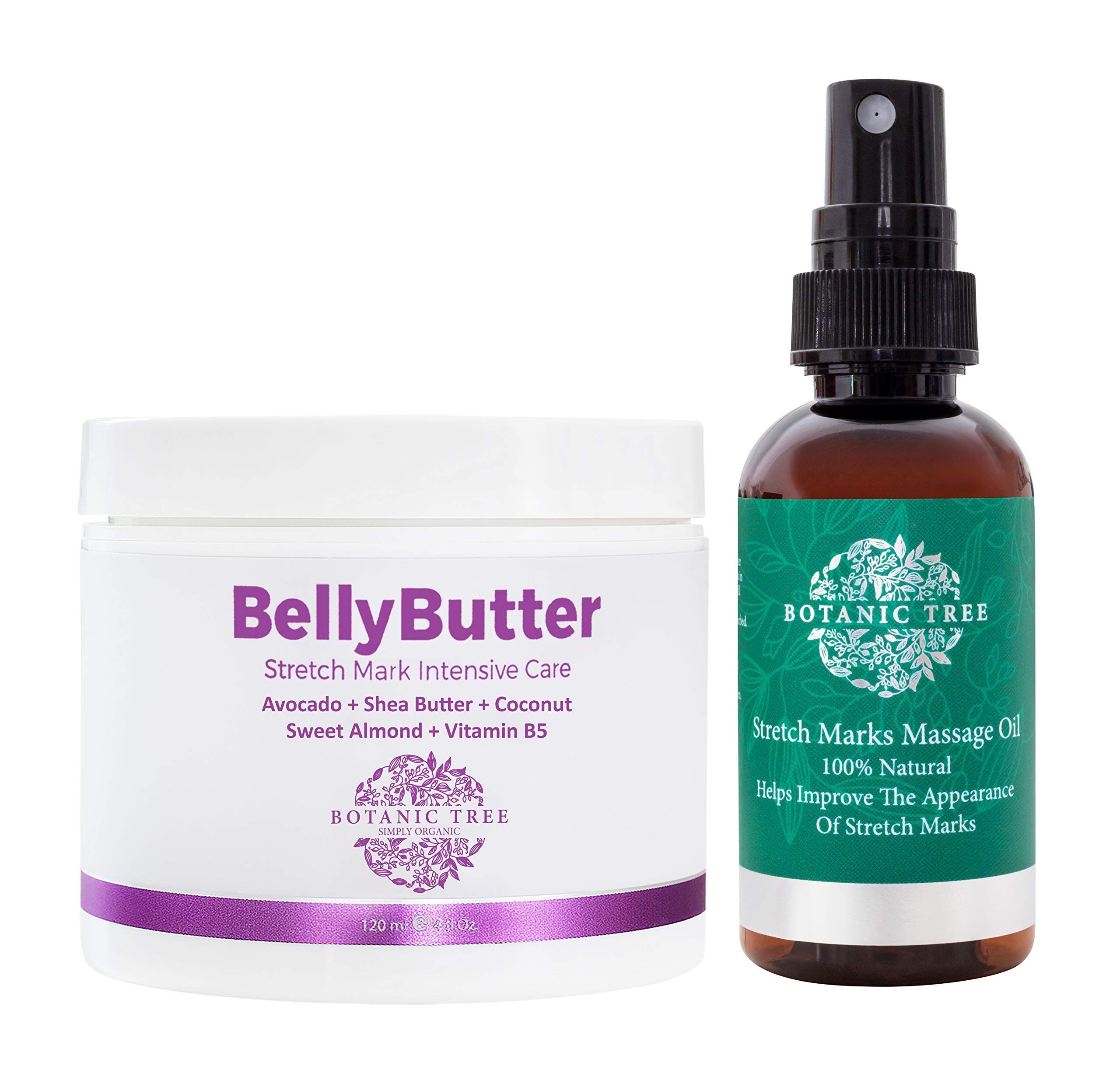 Belly Butter Stretch Mark Cream Intensive Care Botanic Tree- Buy 1 Get 1 Stretch Mark Oil FREE(Pack of 2)- Contains Organic Avocado, Cocoa Butter, Shea Butter, Vit B5, Sweet Almond And Rosehip.