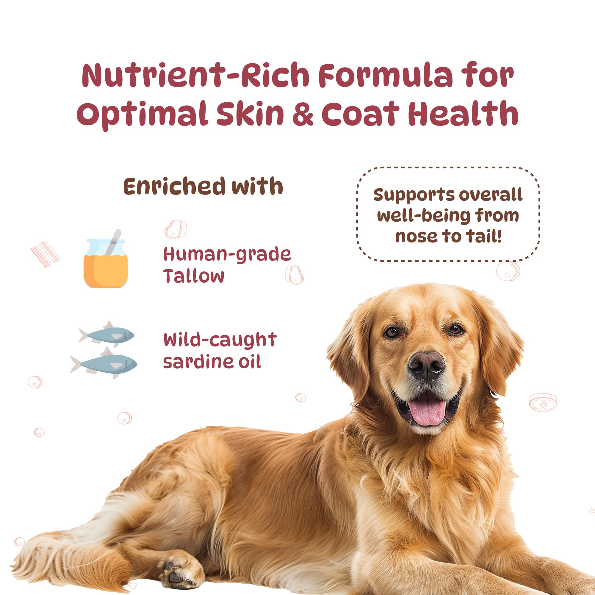 Burpy Tales Skin & Coat Yummy Supplement for Dogs - with Sardine Fish Oil for Adult & Puppy Dogs, Omega 3 6 Support for Pet, Hair Fall & Allergy Control for A Shiny Coat, Daily Food Topper, 200gm 1