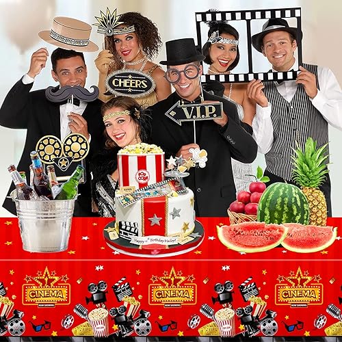 Miniatura 5 de PHOGARY Paquete de 2 manteles de noche de cine para decoración de fiesta nocturna de cine, mantel rectangular de plástico desechable para fiestas