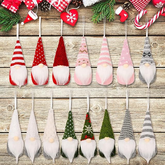 KAHEIGN 15Pcs Christmas Tree Hanging Gnomes, 15 Styles Hanging Scandinavian Santa Elf Plush Gnomes Handmade Swedish Tomte Dolls Ornaments for Christmas Holiday Party Decorations (15 x 7cm)