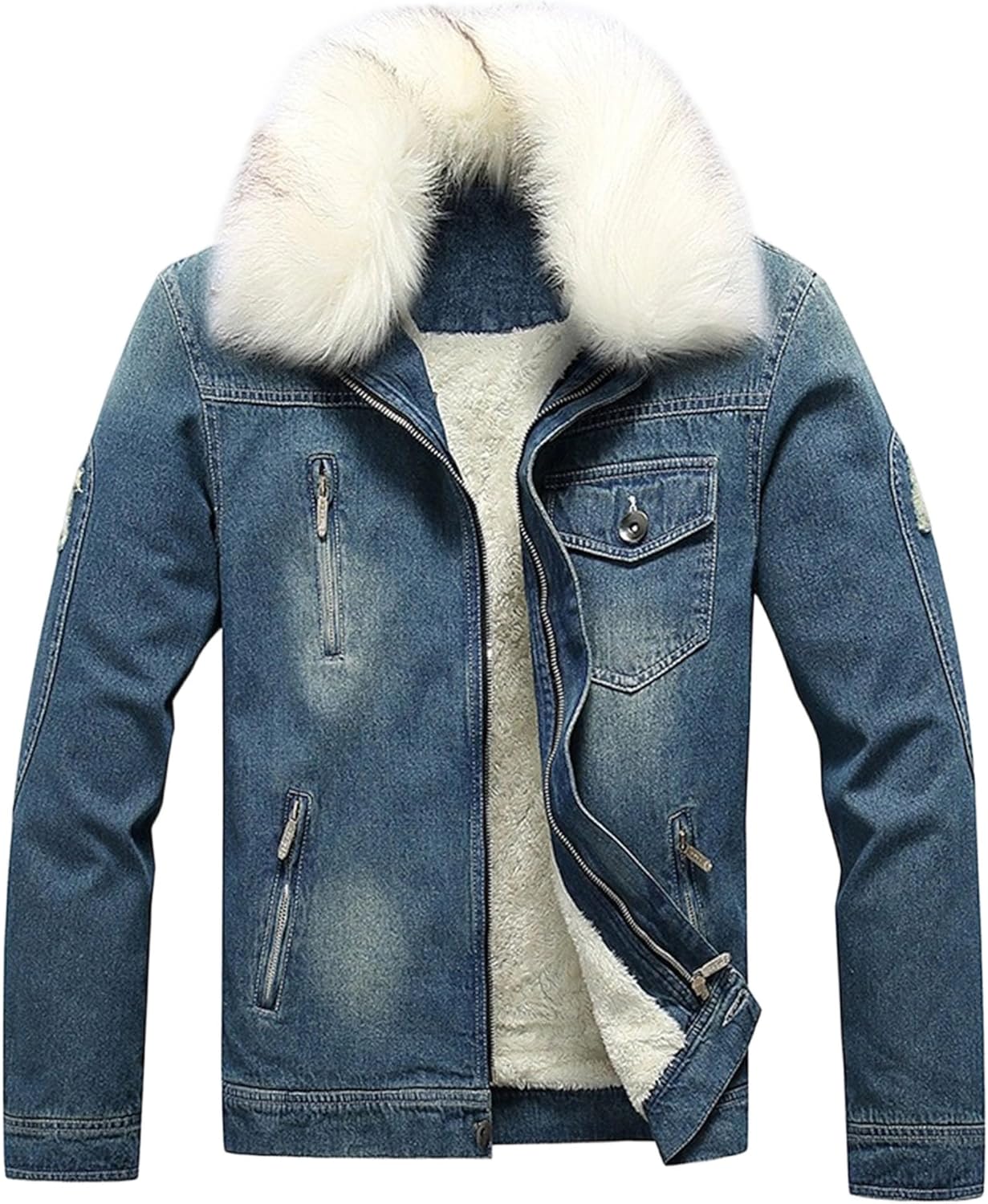 Men’s Faux Fur Lined Hooded Denim Jacket Thicken Zipper Cowboy Bomber Jacket Winter Classic Urban Style Jean Coat