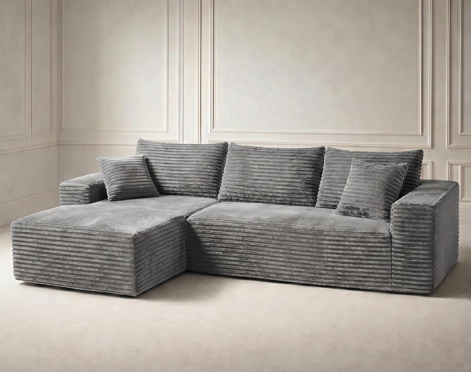 105‘’ Boneless Modular Sectional Sofa, Cloud Couch with Left Facing Chaise, Oversized Deep Seat, L-Shaped, Soft Corduroy Fabric, Sectional Couch for Living Room -Grey