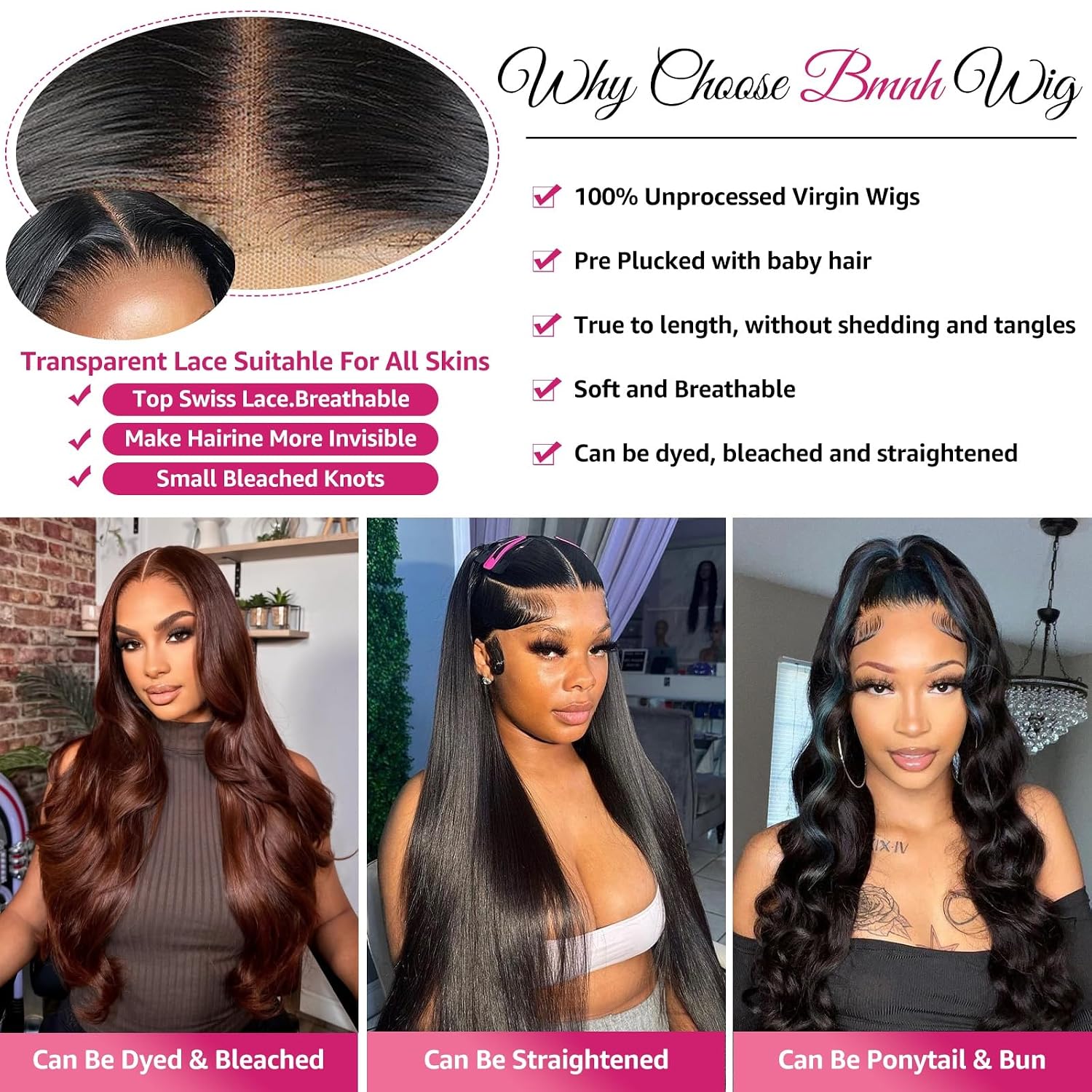 BMNH 30 Inch 13x6 Lace Front Wigs Human Hair 200 Density Body Wave HD Front Wigs Human Hair 13x6 HD Lace Frontal Glueless Wigs Pre Plucked with Baby Hair for Women
