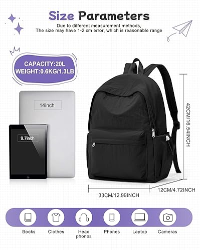 Miniatura 3 de Mochila negra para la escuela, mochila de escuela secundaria para adolescentes, niñas y niños, mochila universitaria ligera para mujeres y hombres,