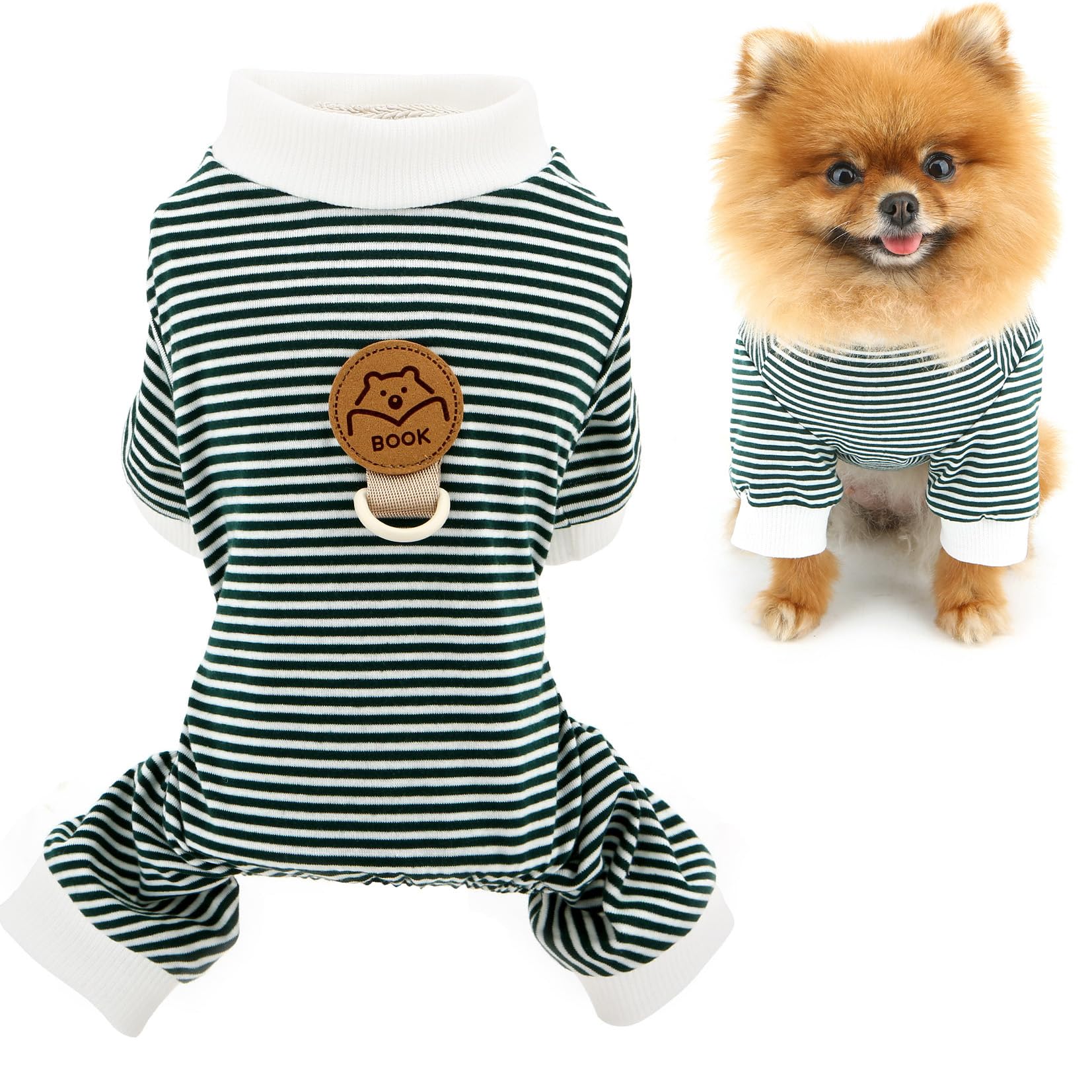 SMALLLEE_LUCKY_STORE Striped Dog Pyjamas for Small Dogs Pet Jumpsuit with D-ring and Patch Puppy Pajamas Stretchable Pjs Summer Spring Clothes Chihuahua Yorkie Cat Apparel, Green, M
