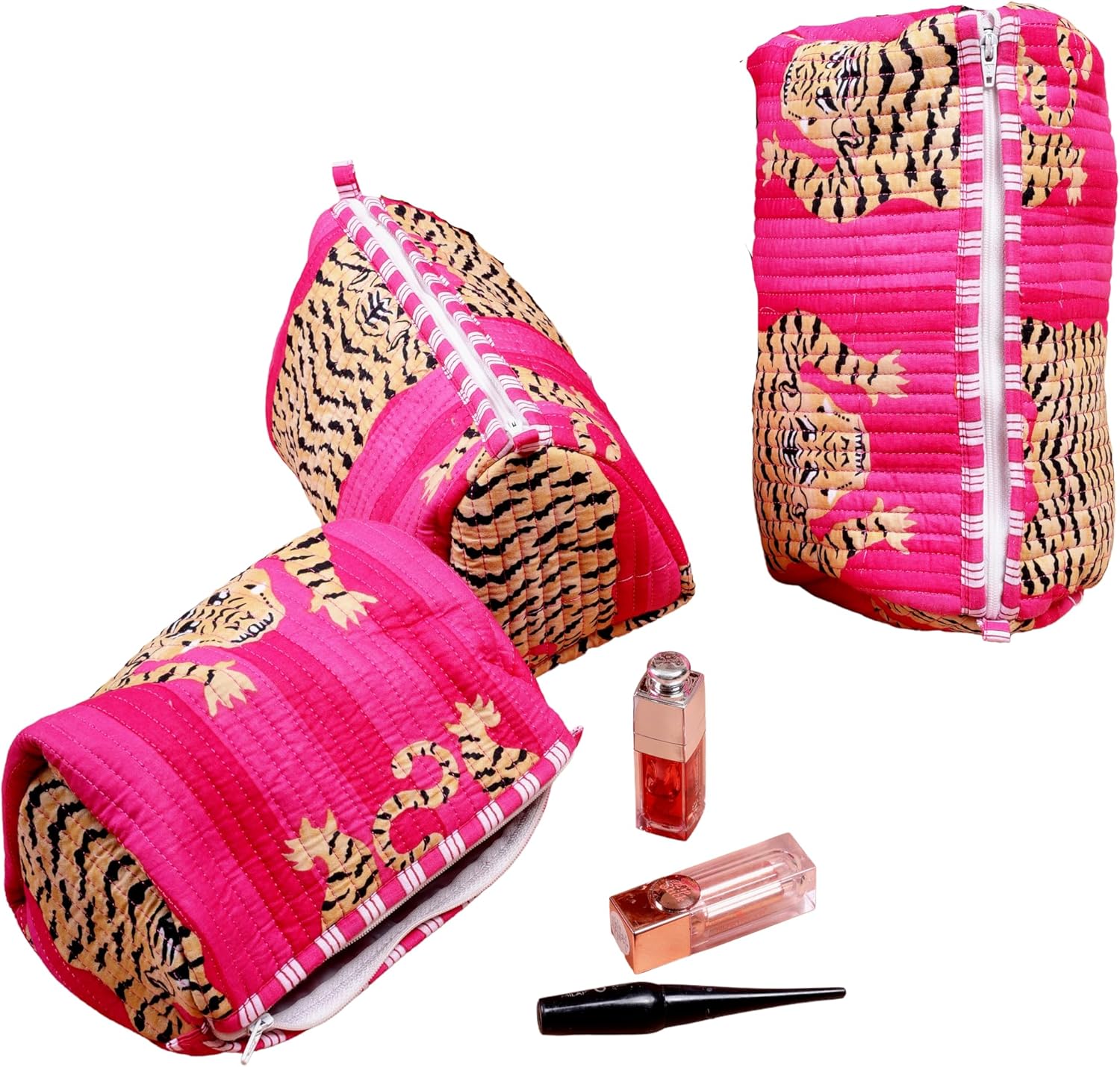 LKGSM RUGS 3pcs Quilted Cotton Tiger Print Travel Toiletry Bags, Cosmetic Organizer Set Make up Bag (C)