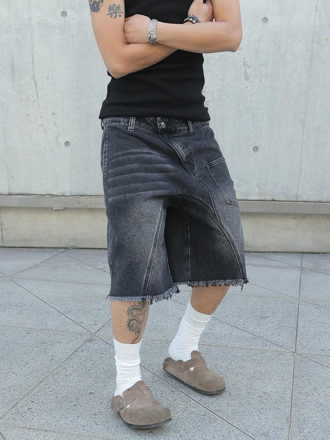 SHENHE Men's Baggy Jean Shorts Y2k Jorts Wide Leg Frayed Raw Hem Vintage Bermuda Denim Shorts