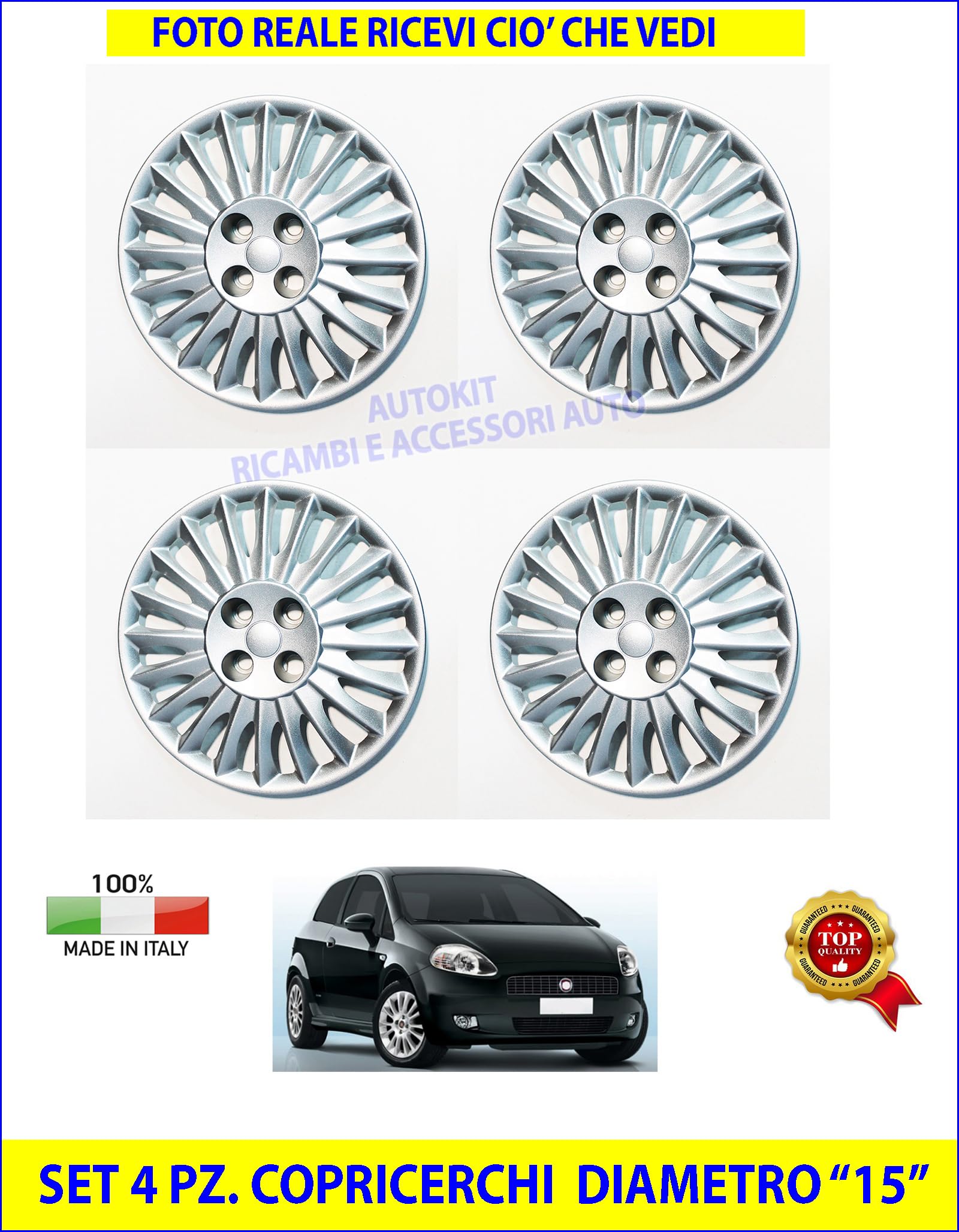 SET 4 COPRICERCHI COPPA RUOTA COPRIRUOTA BORCHIE CERCHIO "15" Specifiche per GRANDE PUNTO prodotte dal 2005 in poi - 729/15