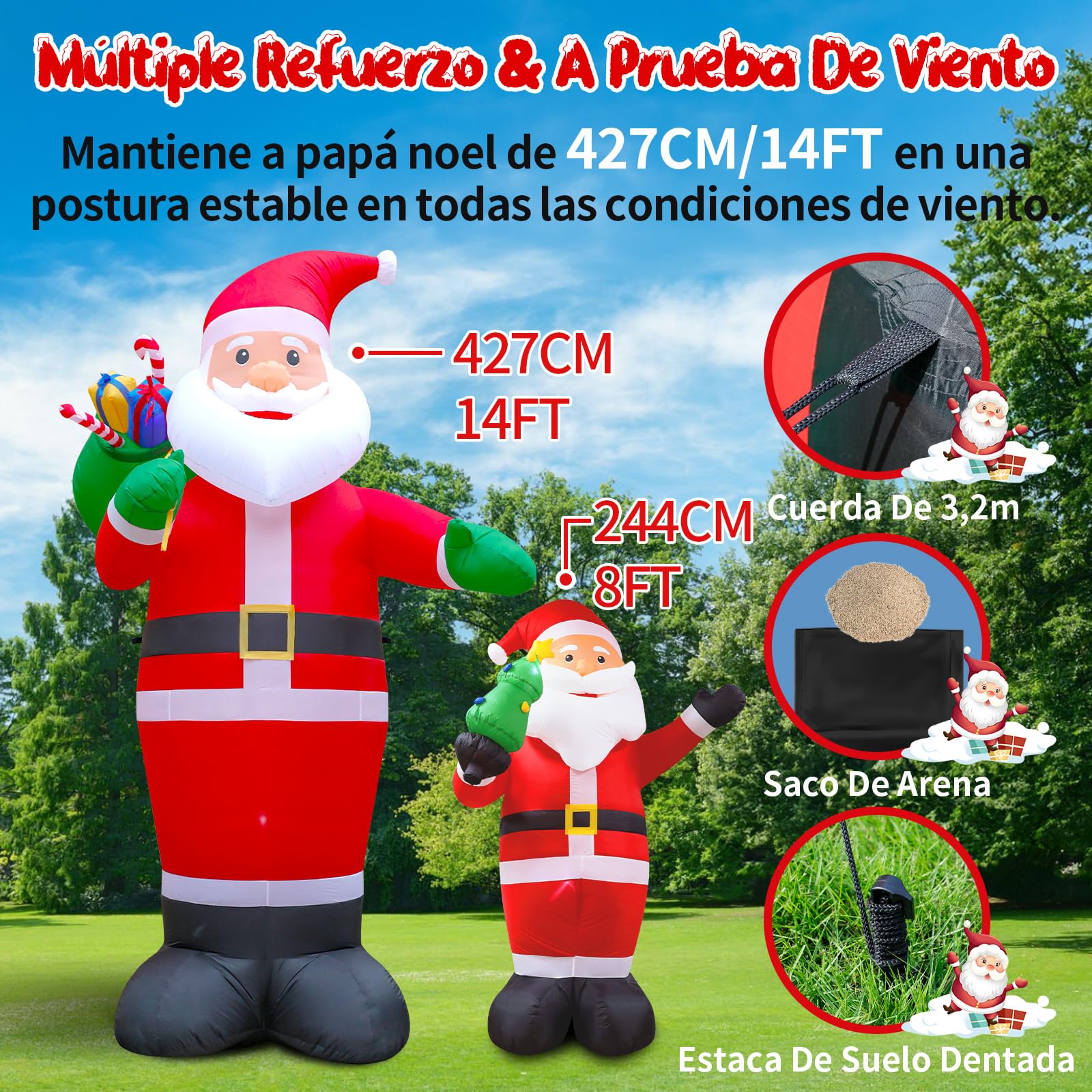 427CM/14FT Papá Noel Decoración Exterior – Papá Noel Gigante de Pie, Impermeable con Leds Integradas para Jardín, Césped y Fiesta de Navidad – Decoracion Navidad Exterior