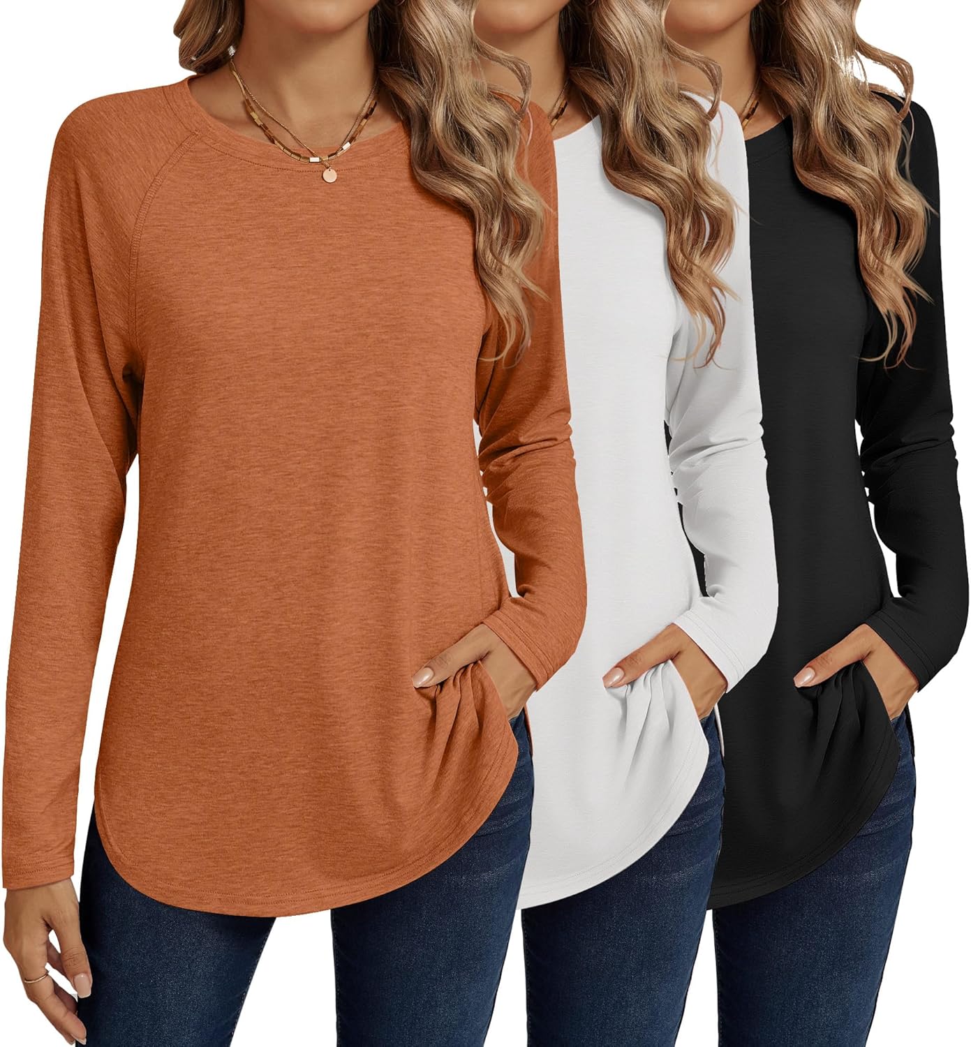 Ficerd 3 Pack Women's Long Sleeve T-Shirts Crew Neck Raglan Sleeve Casual Loose Fit Shirts Side Split Curved Hem Tunic Tops