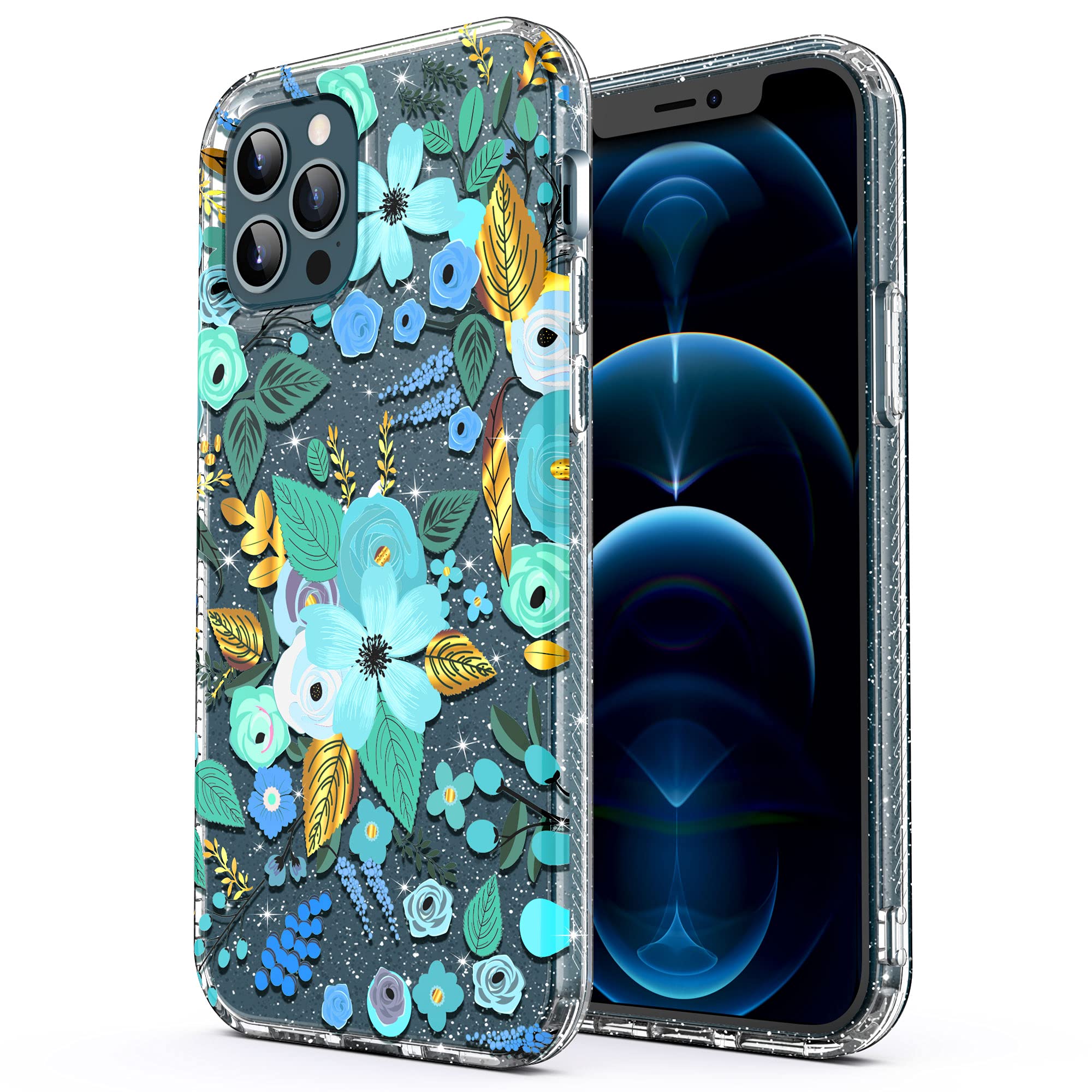 ULAK Clear Case for iPhone 12 Pro Max, Glitter Sparkly Soft TPU Bumper Anti-Scratch & Shockproof Patterned Protective Phone Cover Case for iPhone 12 Pro Max 6.7 Inch, Mint Flower