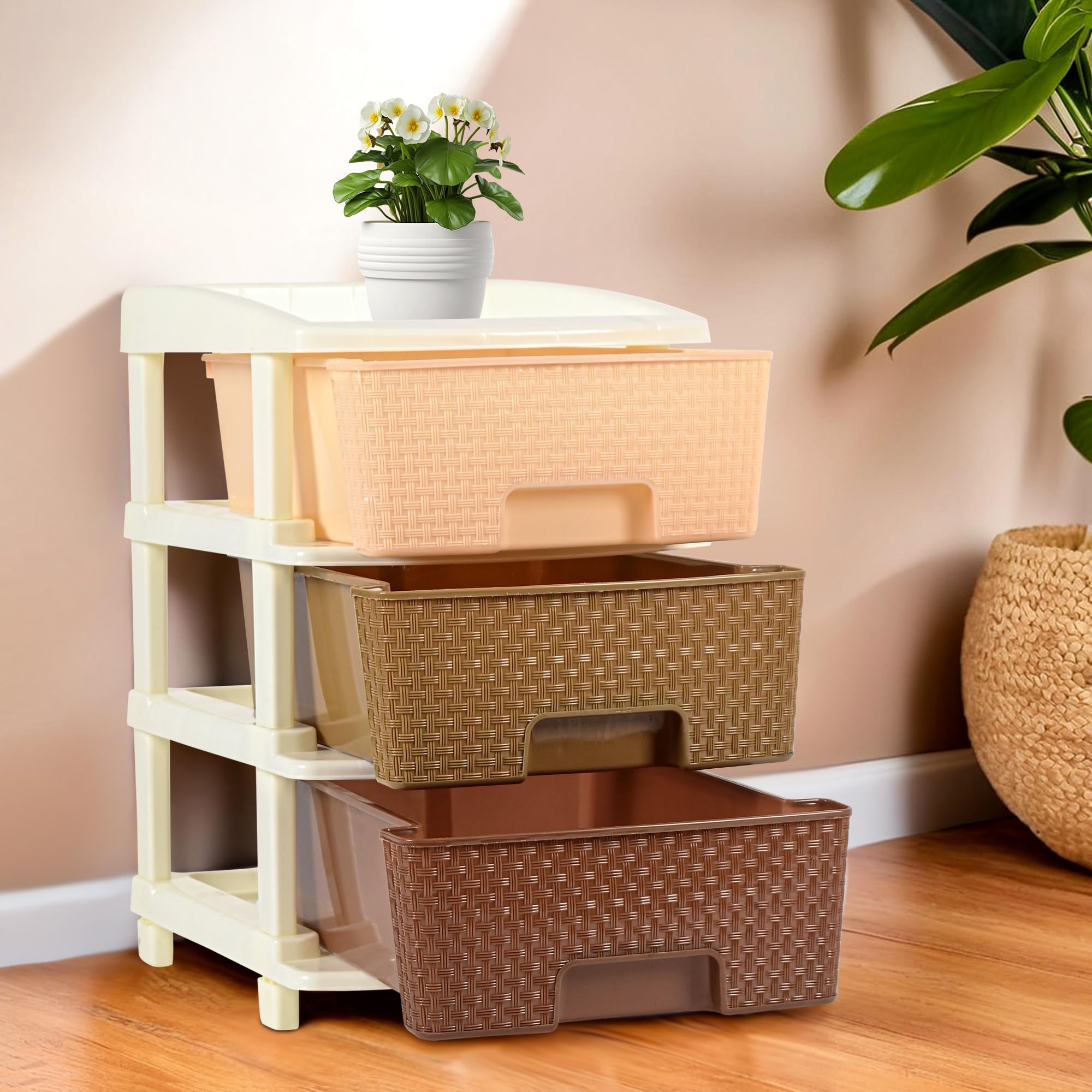 3-Tier Collapsible Multipurpose Plastic Drawers Storage Organizer | Durable Cabinets/Storage Rack for Kitchen | Kids Toy Box & Shelf for Home/Office | Brown