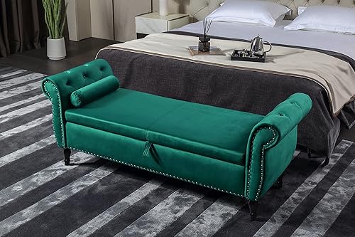 ERDAYE Banco otomano tapizado de terciopelo de 63 pulgadas con botones y brazos enrollables patas de madera maciza recortadas y 1 almohada