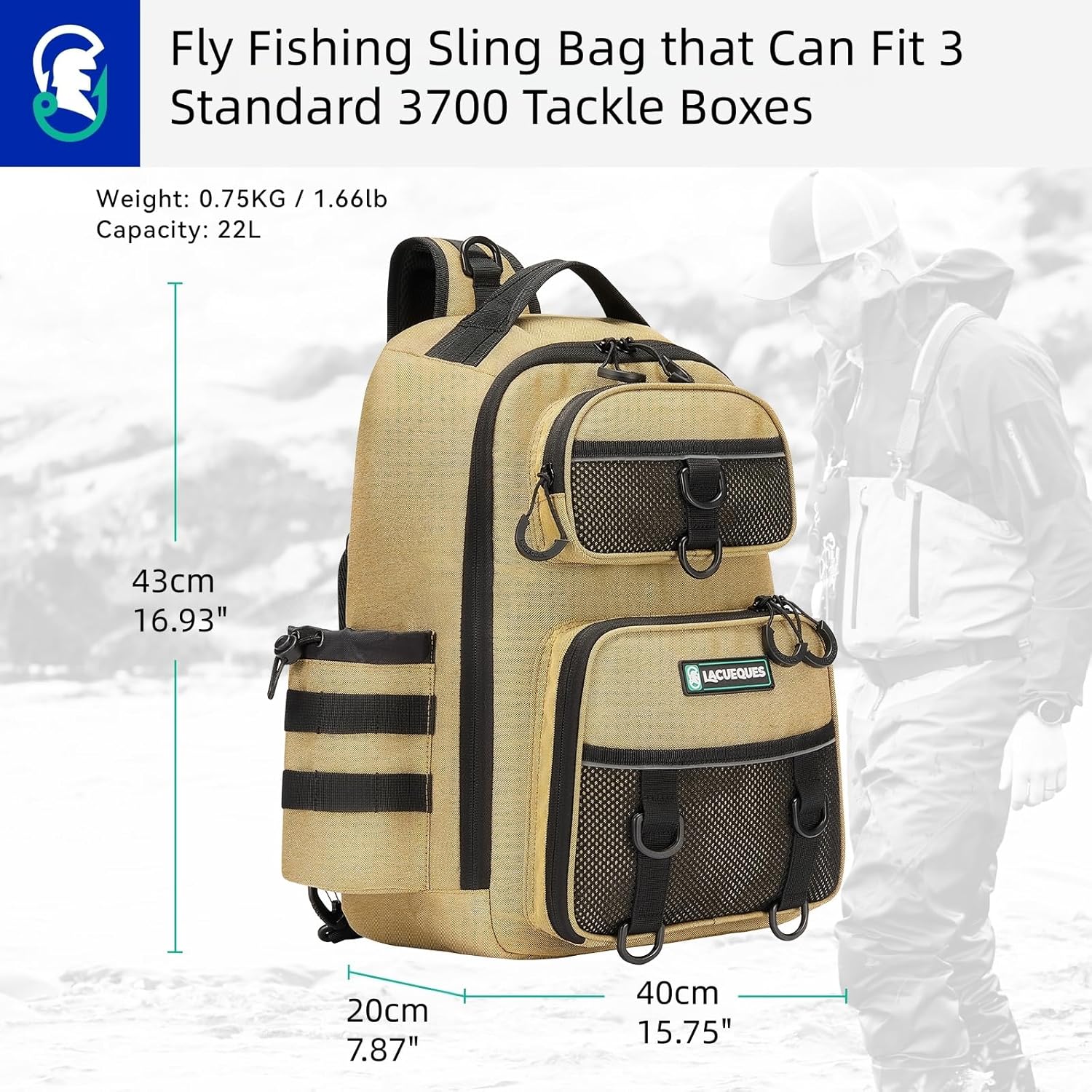22L Fly Fishing Sling Bag - Fits 3x 3700 Tackle Boxes, 12 D-Rings, Rod Holster, Water Bottle Holder, Phone Pocket (Tan)