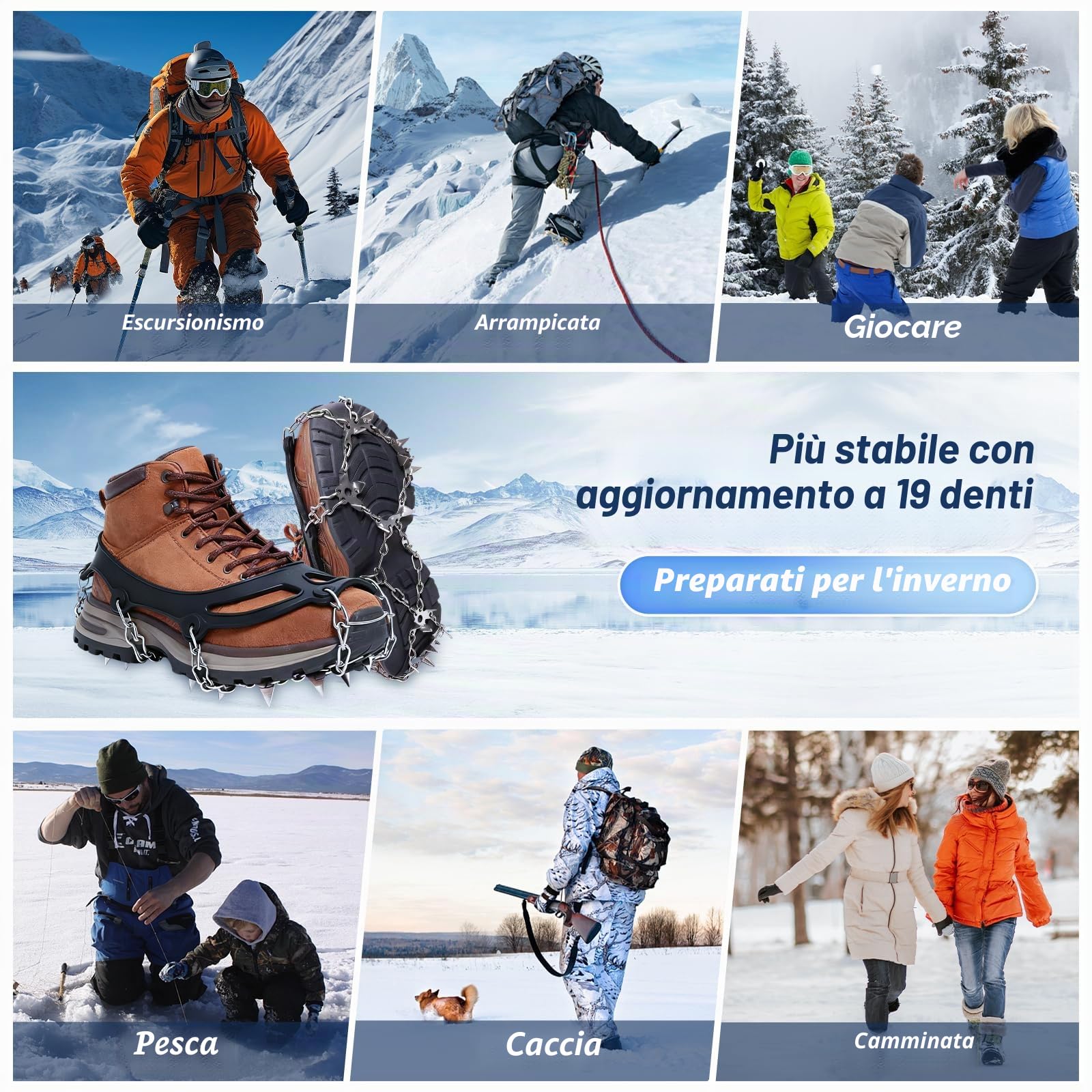 CNMTCCO Ramponi per scarpe da montagna, punte antiscivolo per scarpe e stivali, punte per scarpe da trekking con 19 punte in acciaio inox, trazione con antiscivolo per camminate, alpinismo