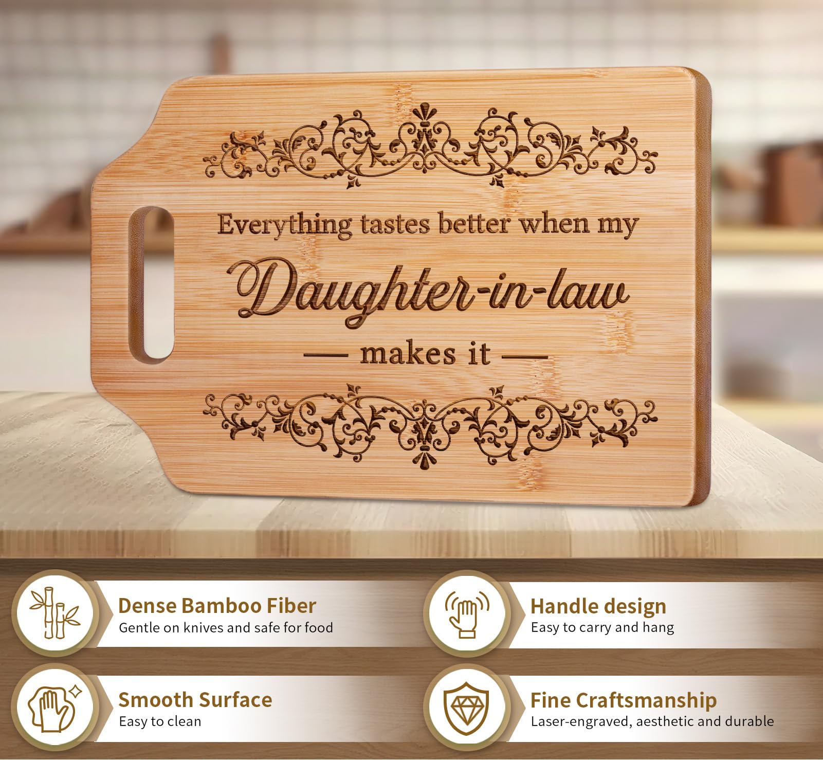 AceThrills Daughter in Law Gifts for Daughter in Law Birthday, Christmas, Mothers Day - Engraved Bamboo Cutting Board (Everything Tastes Better)