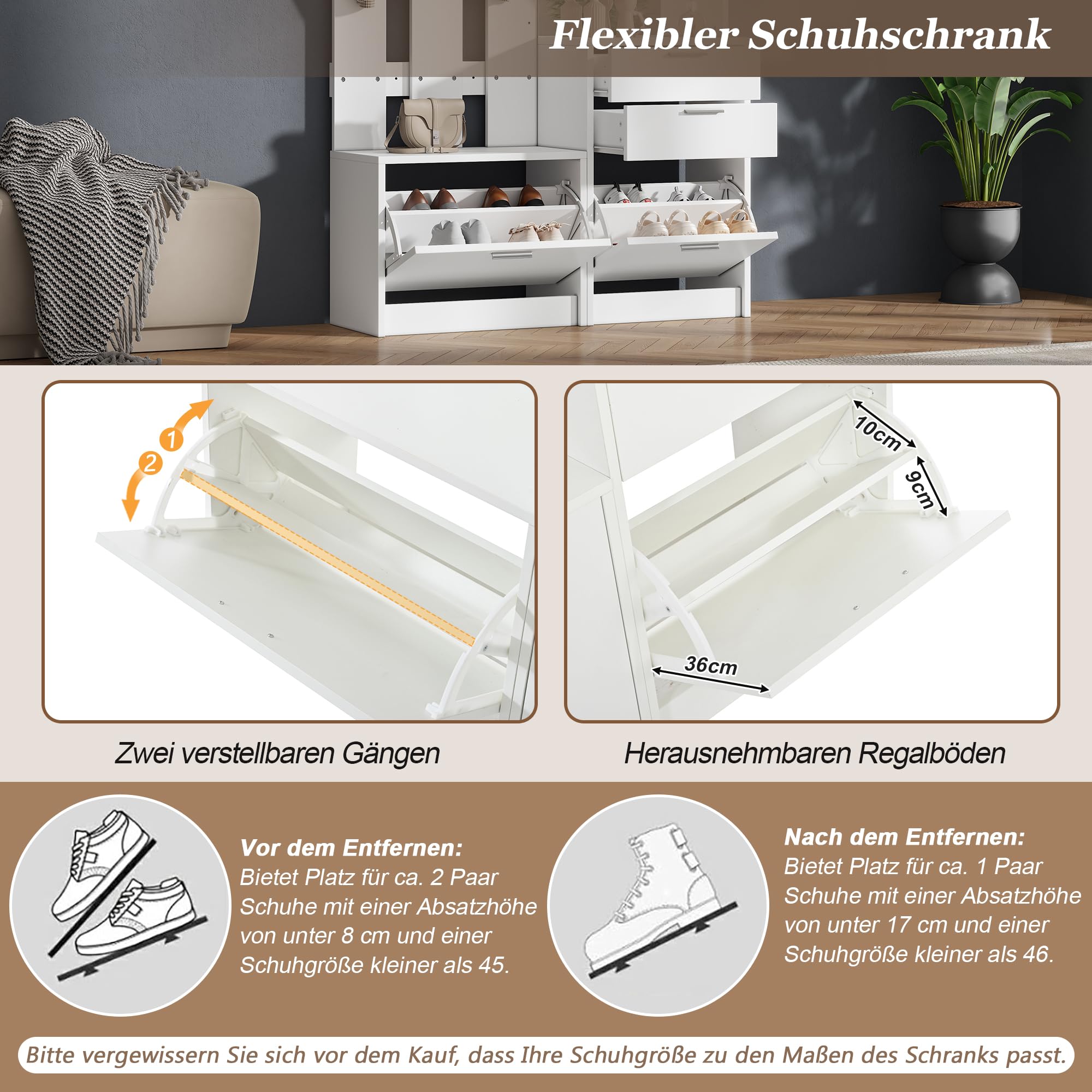 Garderobenset Wandgarderobe, Flurgarderobe Set mit Klapp Schuhschrank und Schuhbank, Flurgarderobe Kompaktgarderobe mit 2 Schubladen, Regalböden und 3 Haken, Flurmöbel Set, Weiß, 110x34x185cm