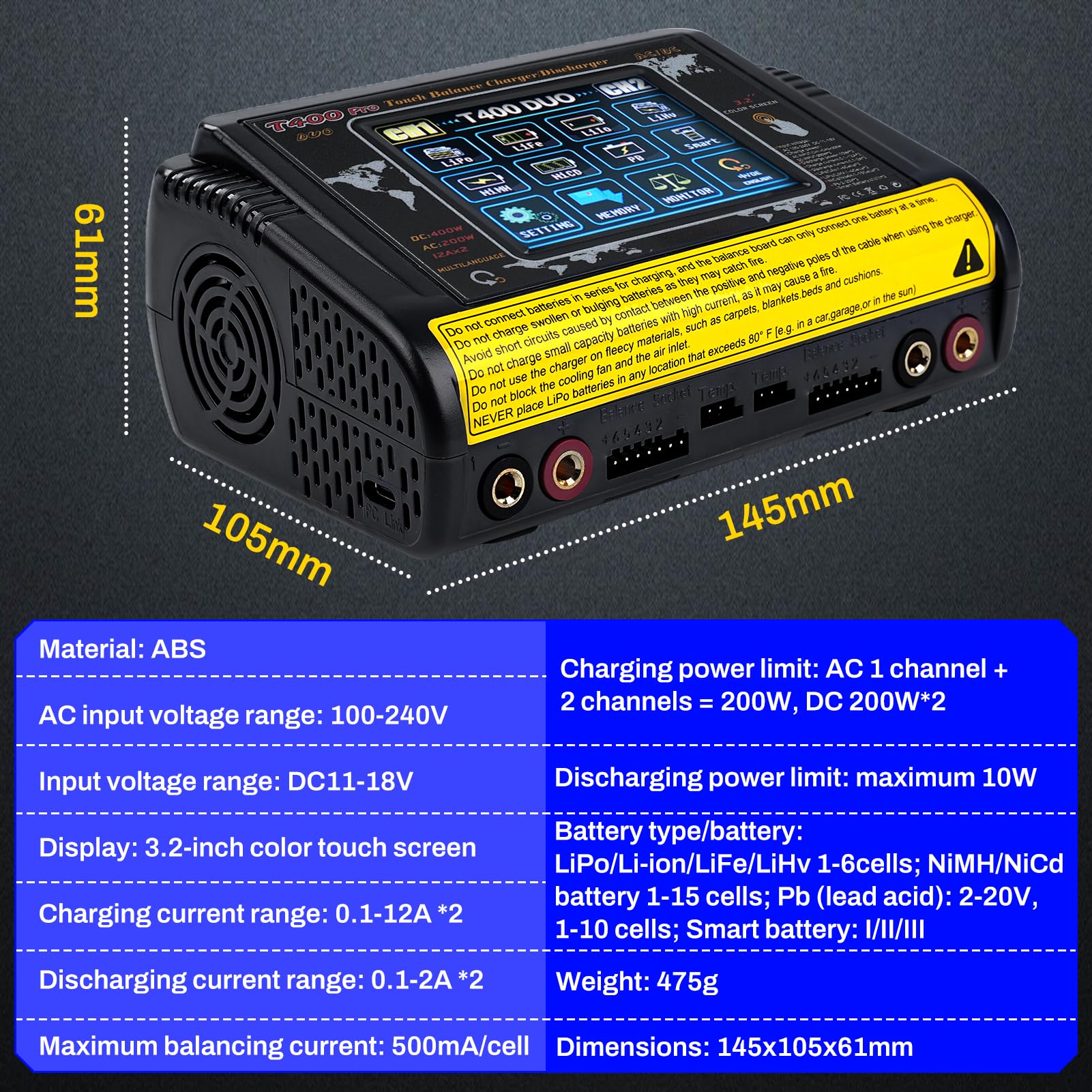 Caricabatterie lipo RC Batteria equalizer Ricarica doppia DC/AC 11-18V 400W 100-240V 200W Rilevamento Auto LiPo/Lilon/Life/NiMH/NiCd/PB/NiMH Touchscreen LCD 3,2 pollici 12A (T400)