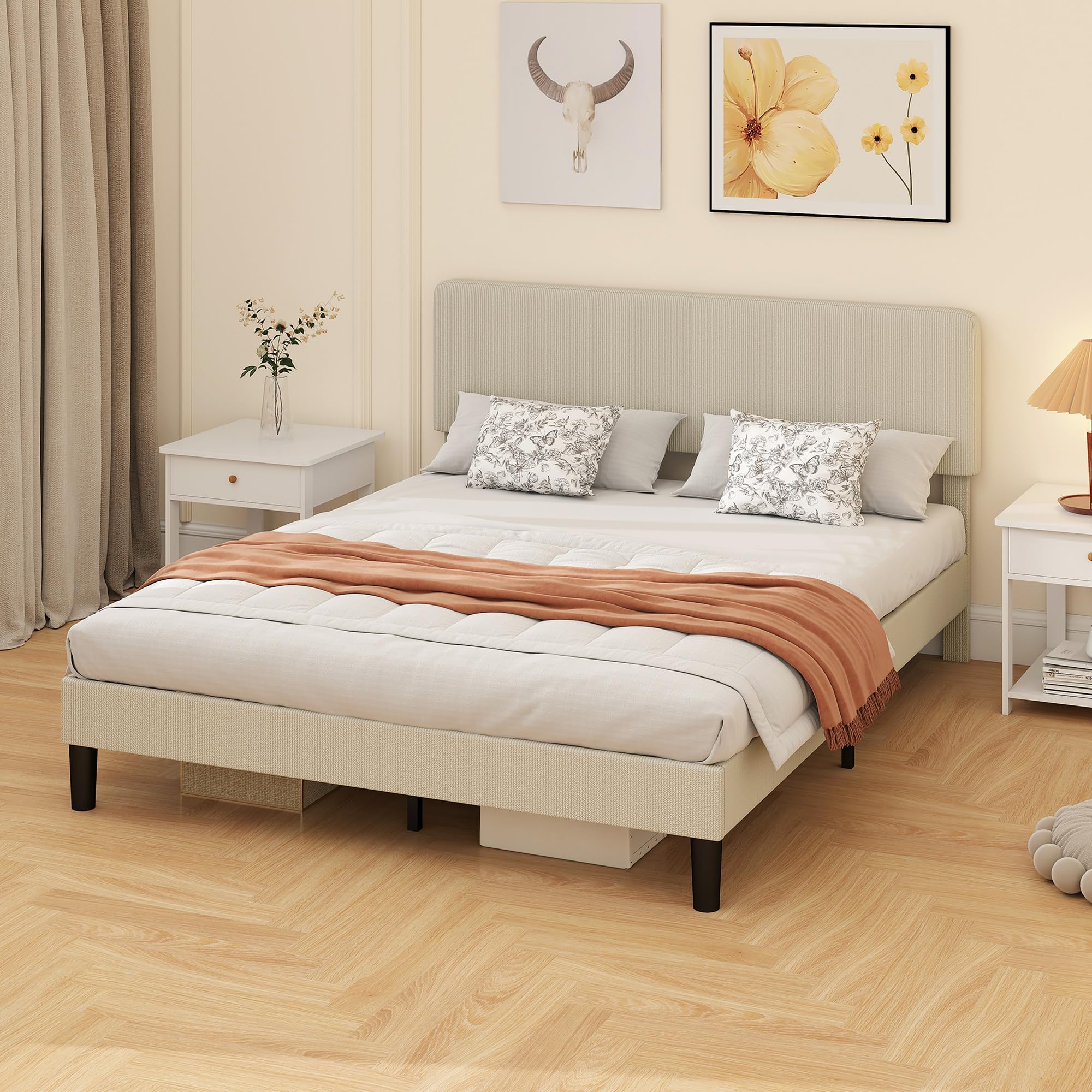 HOMCOM Somier 160x200 cm con Cabecero Ajustable, Estructura de Cama, Tapizado en Pana, Láminas de Madera, Fácil de Montar, Gris Claro