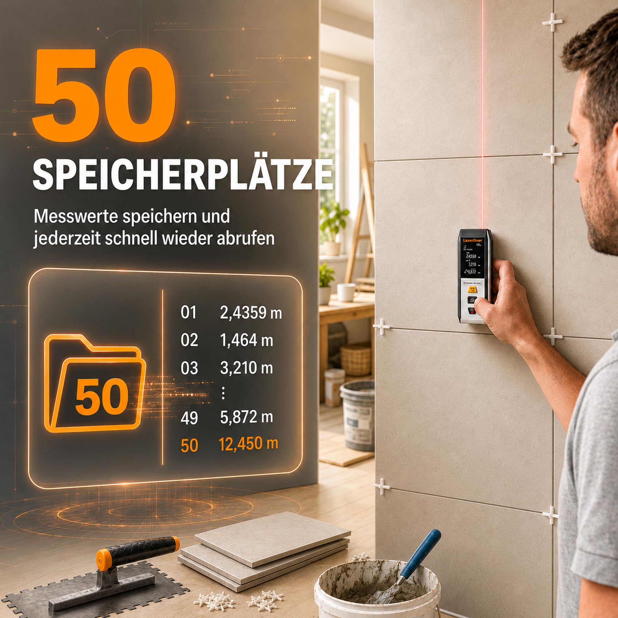 Laserliner DistanceMaster Compact 30 - Telémetro láser (hasta 30 m, medición de Longitud/área/Volumen, medición Continua, Memoria de 50 valores, Incluye Bolsa) | Rango de medición de 30 m, medidor digital, medición de longitud/área/volumen